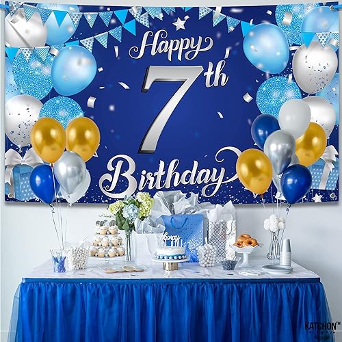 Miniatura 4 de KatchOn Pancarta azul de feliz cumpleaños número 7  Xtralarge 72 x 44 pulgadas  Cartel de feliz cumpleaños de 7 años  Telón de fondo azul y plateado