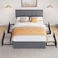 Vista 3 de Base de cama tamaño Queen con 4 cajones de almacenamiento, base de cama tapizada gris con cabecera y listones de madera, no necesita somier (Queen)