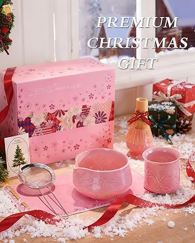 Miniatura 2 de ZENS Juego de batidor de matcha, juego de 6 piezas de matcha rosa, incluye cuenco de cerámica de 15 onzas y batidor de bambú (soporte Chasen), tamiz