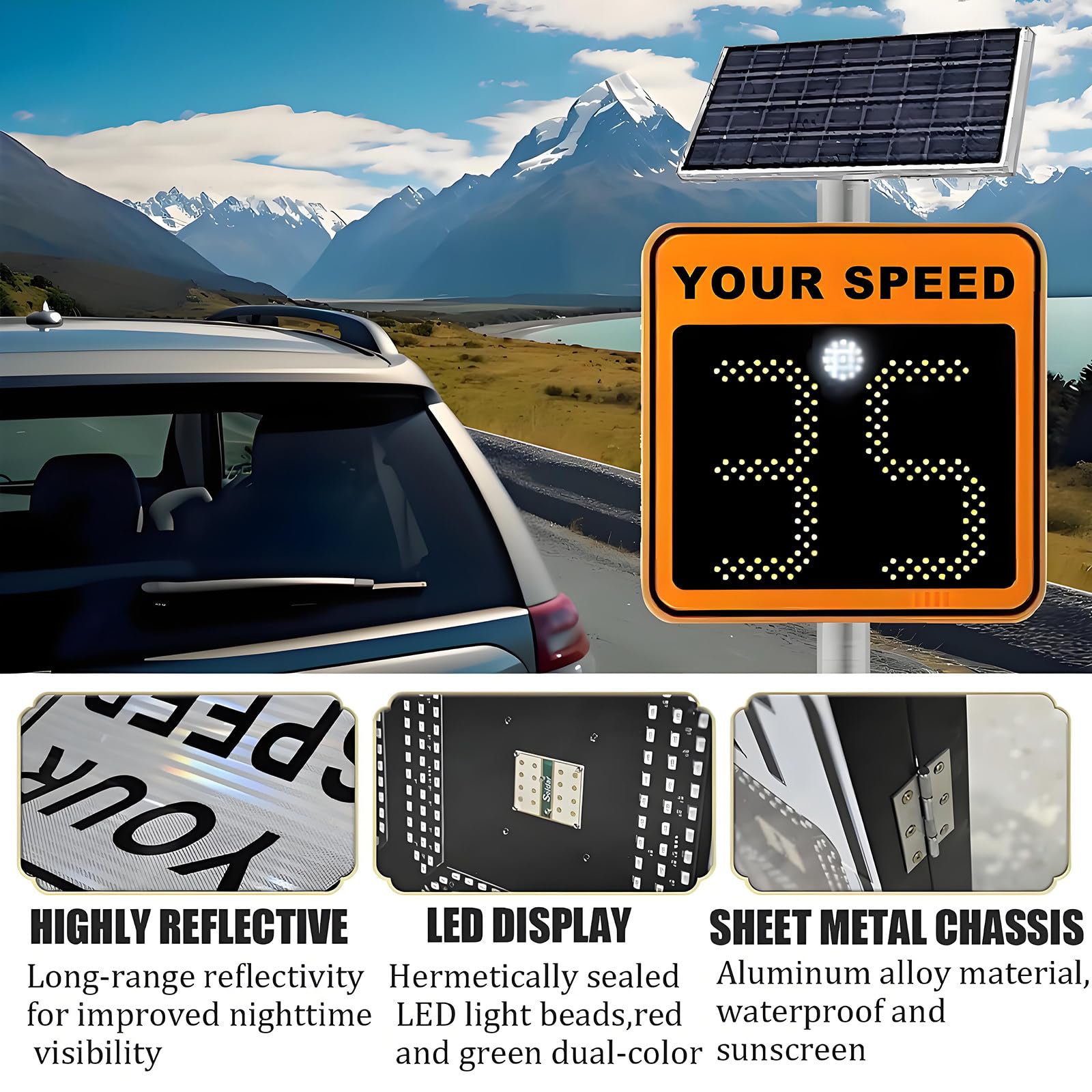 Detector de velocidad de radar solar con pantalla LED para advertencia de tráfico de seguridad vial