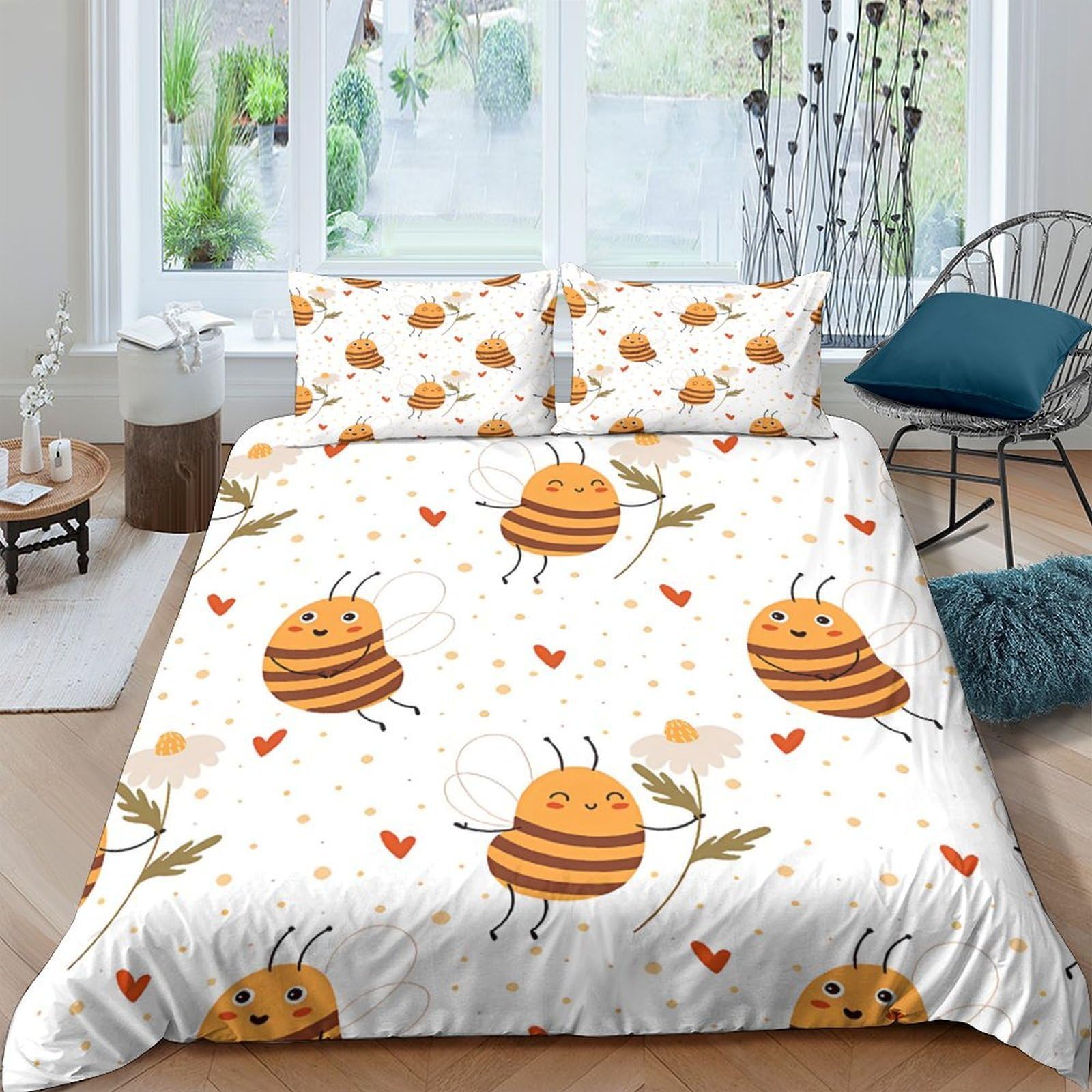 XFKLYNVCJ 3D Printed Cute bees Bed Cover Soft Fabric Cartoon insect design Comforter Cover Machine Washable Durable for Teen Bedroom Young Adults Rental Flat Bedding Use Single（140x200cm）
