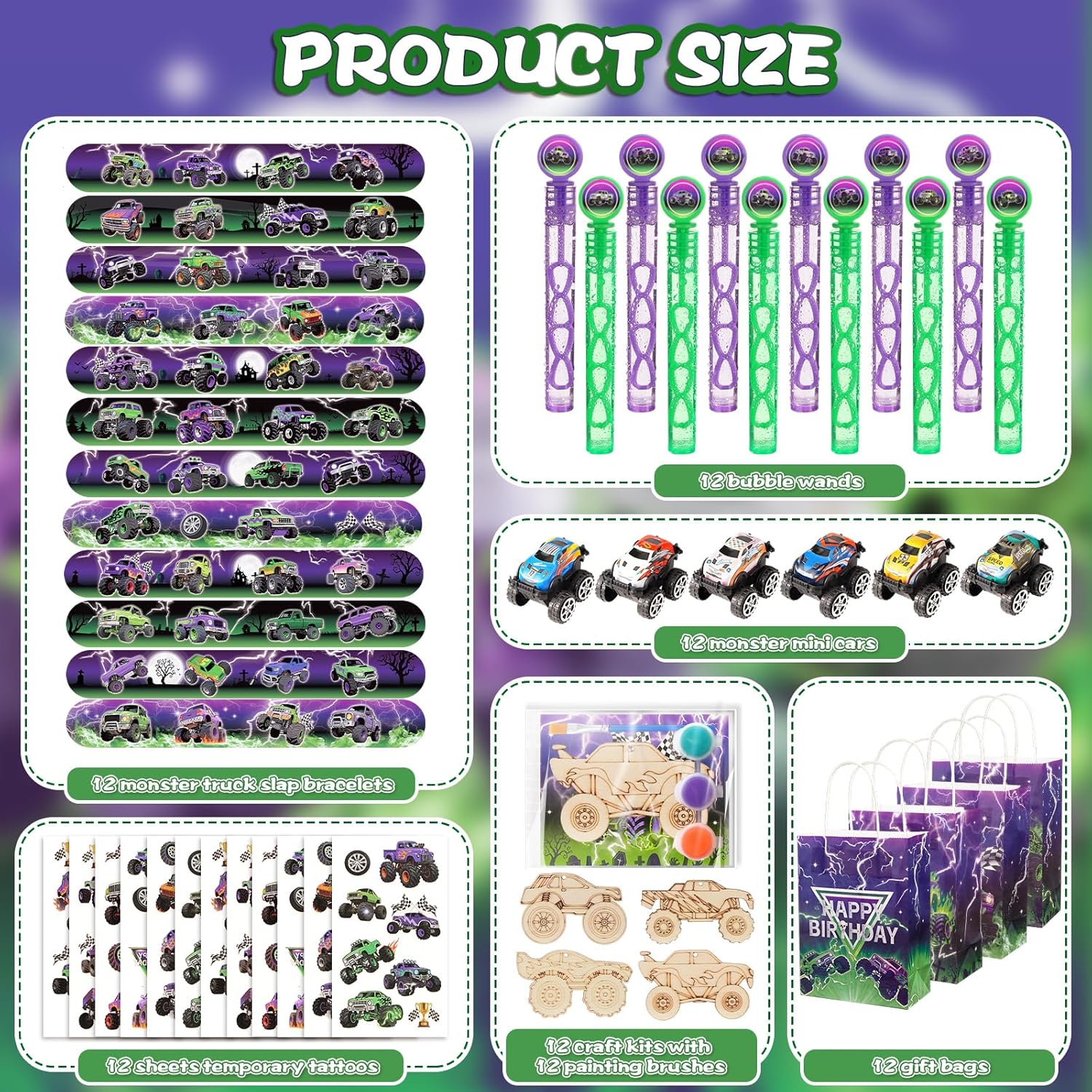 Vanblue 84 Pcs Monster Truck Party Favors Green Purple Truck Car Birthday Decorations Supplies Goodie Bag Stuffers Gift for Boy Party Pinata Filler Classroom Rewards - Image 3