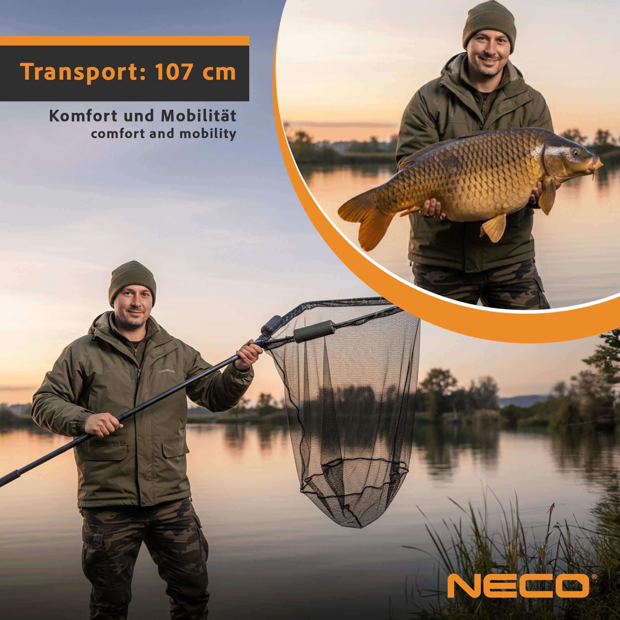 NECO Épuisette à Carpe 100x100 cm avec Flotteurs - Grand Filet Pliable et Léger avec Étui, Panier Profond pour la Pêche aux Poissons et Carpes (70202)