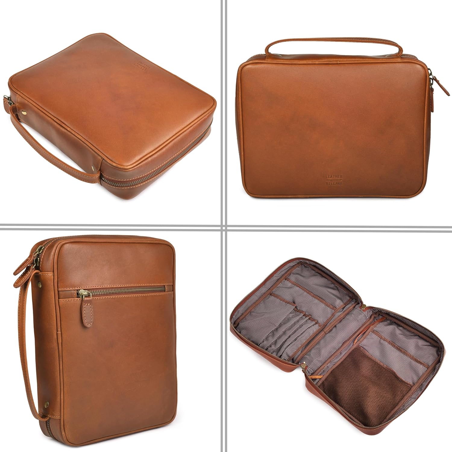 LEATHER VILLAGE Genuine Leather Bible Cover with Zipper for Men & Women - Large Bible Case Carrying Bag Book Cover & Organizer with Handle and Pockets - Leather Bible Covers for Church Study - Tan