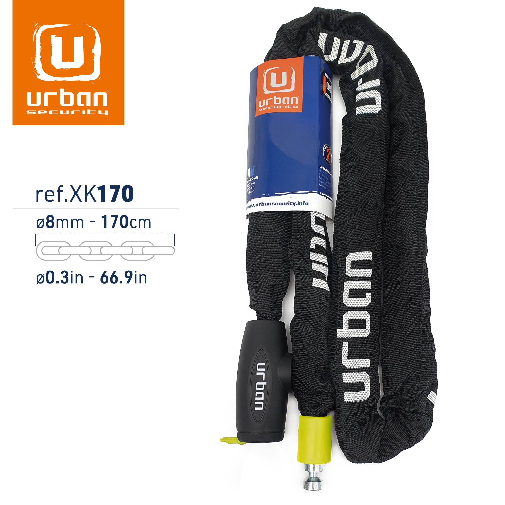 URBAN XK170 Chaine Antivol pour Velo en Acier Trempé 170cm et Maillons ø8mm, Serrure Haute Sécurité, Plus Longueur Plus Options de Fixation, Anti-rayures, Cadenas Polyvalent pour Vélo Moto ou Scooter