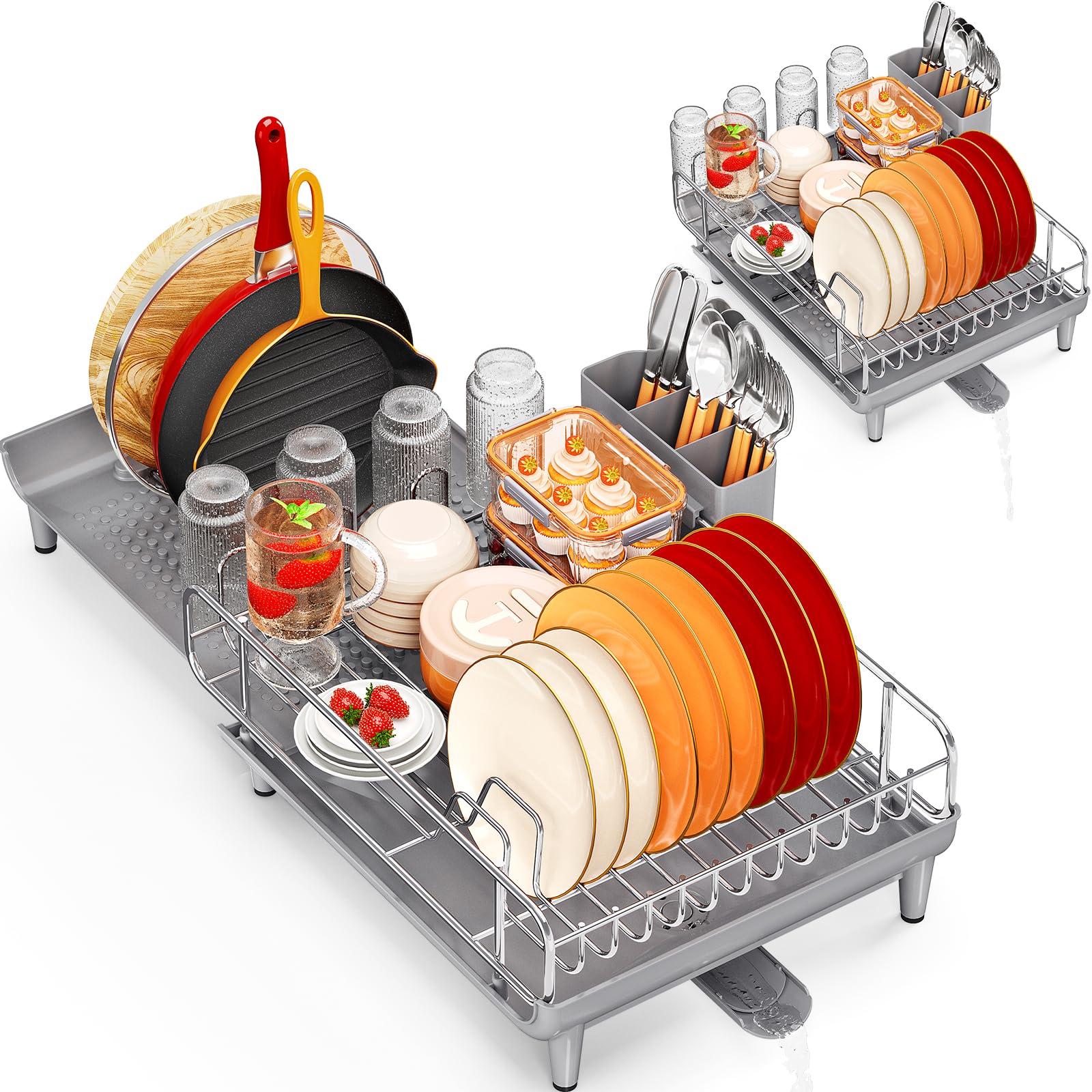 TOOLF Expandable Dish Rack, Dish Drying Rack for Kitchen Counter, Foldable Dish Dryer Rack, Stainless Steel Dish Drainer Racks with Cutlery Holder, Collapsible Dish Drying Racks Large Size,Gray