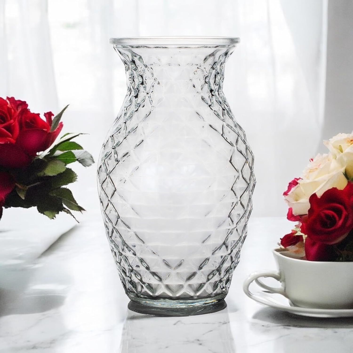 Enova Floral Clear Diamond-Faceted Glass Vase for Flowers 5.0" W 8.0" H,Glass Flower Vase, Flower Vase for Bouquet, Modern Glass Vase for Living Room (4, Clear-VUV0508)