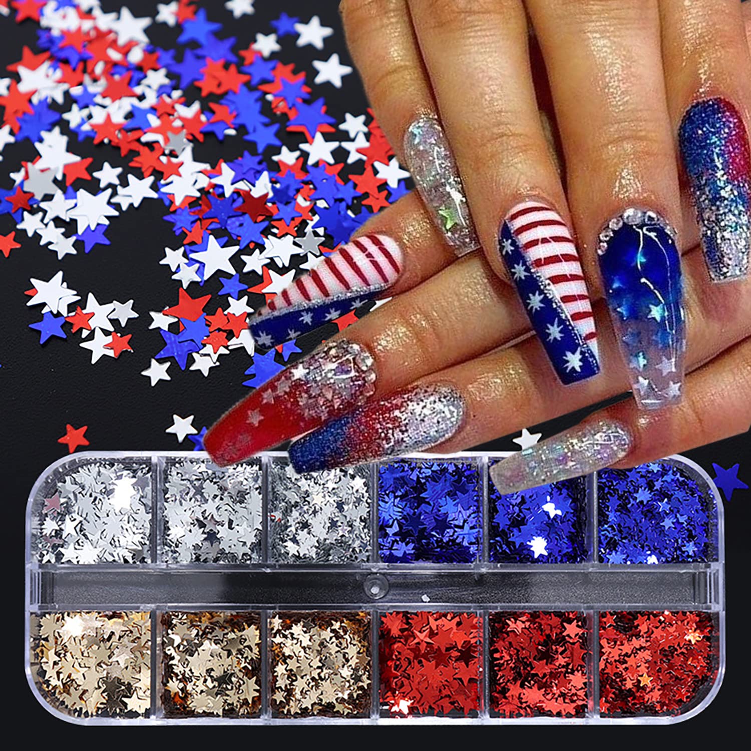 12 Grids Stars Nail Art Glitter Sequins 3D Holographic Nail Glitter Flakes Design Independence Day Acrylic Nail Sequins America 4th of July Star Nail