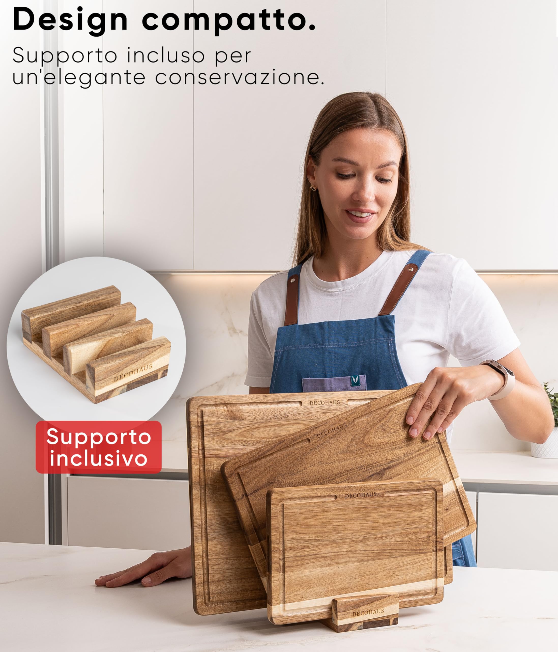 Deco haus Set di 3 Taglieri in legno di acacia robusta con scanalatura [SPESSORE 2 cm] - Taglieri con scanalatura per il succo - Chopping board 40x30, 33x24, 26x18
