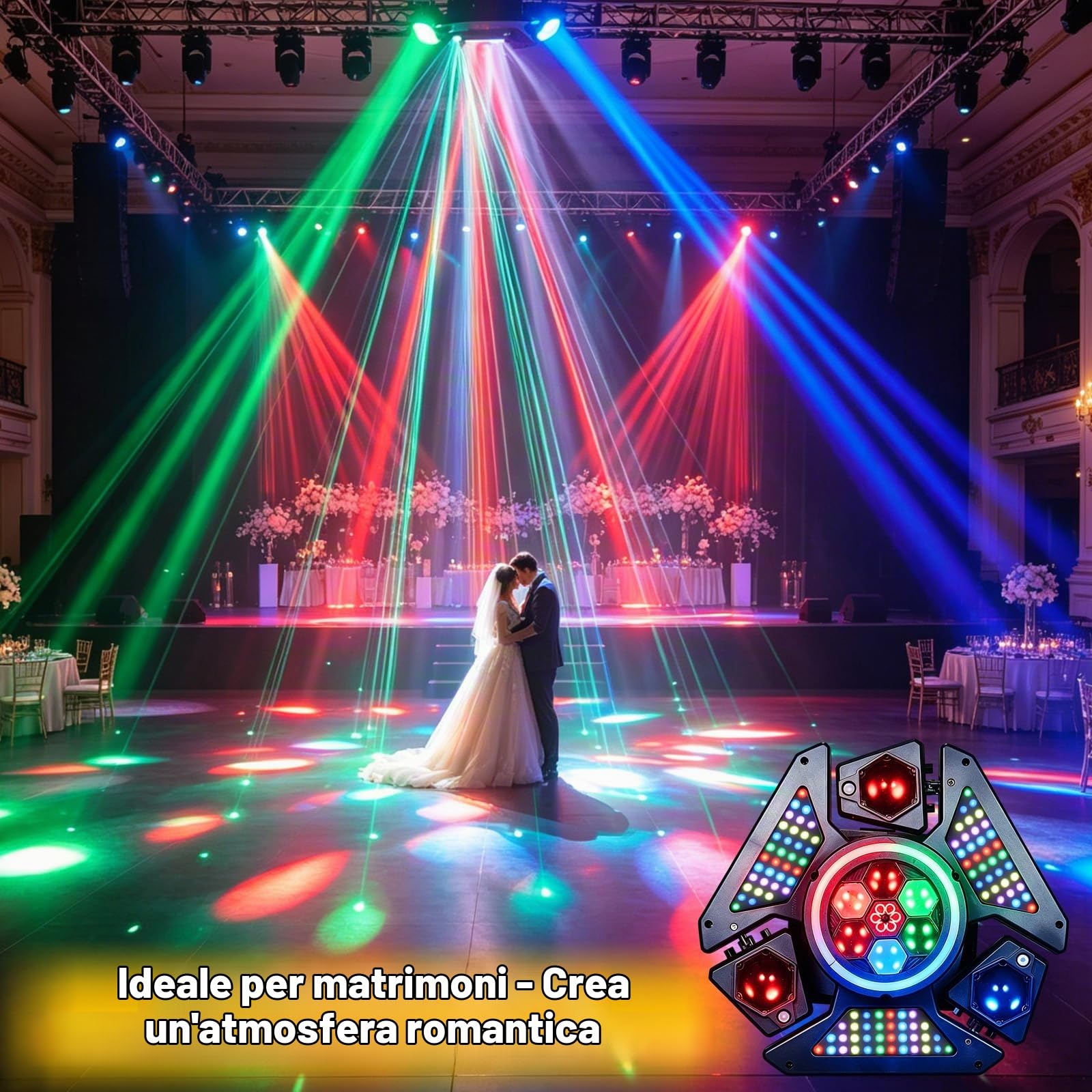 Luce da palcoscenico a LED Bee Eye a 3 bracci, 80 W RGBW, luce DJ con effetti multicolori, strobo DMX512 attivato dal suono per feste, club, bar, matrimoni e spettacoli da discoteca