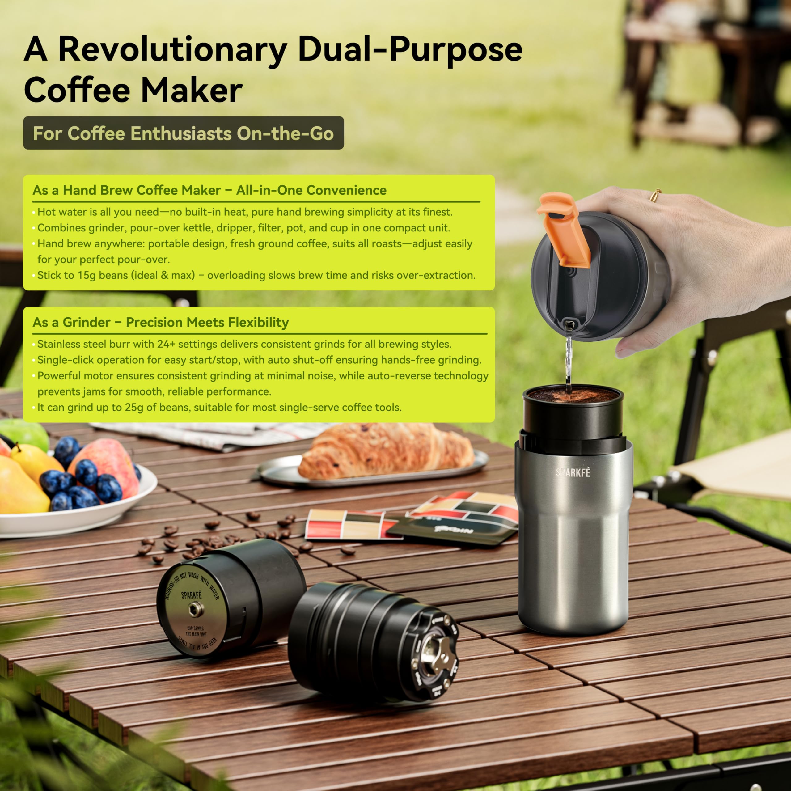 Tragbare Pour Over Kaffeemaschine, wiederaufladbare elektrische Mühle mit konischem Frässtift aus Edelstahl, integriertes Handbrüh-Set mit Edelstahlfilter & Reisebechern, für Camping, Outdoor