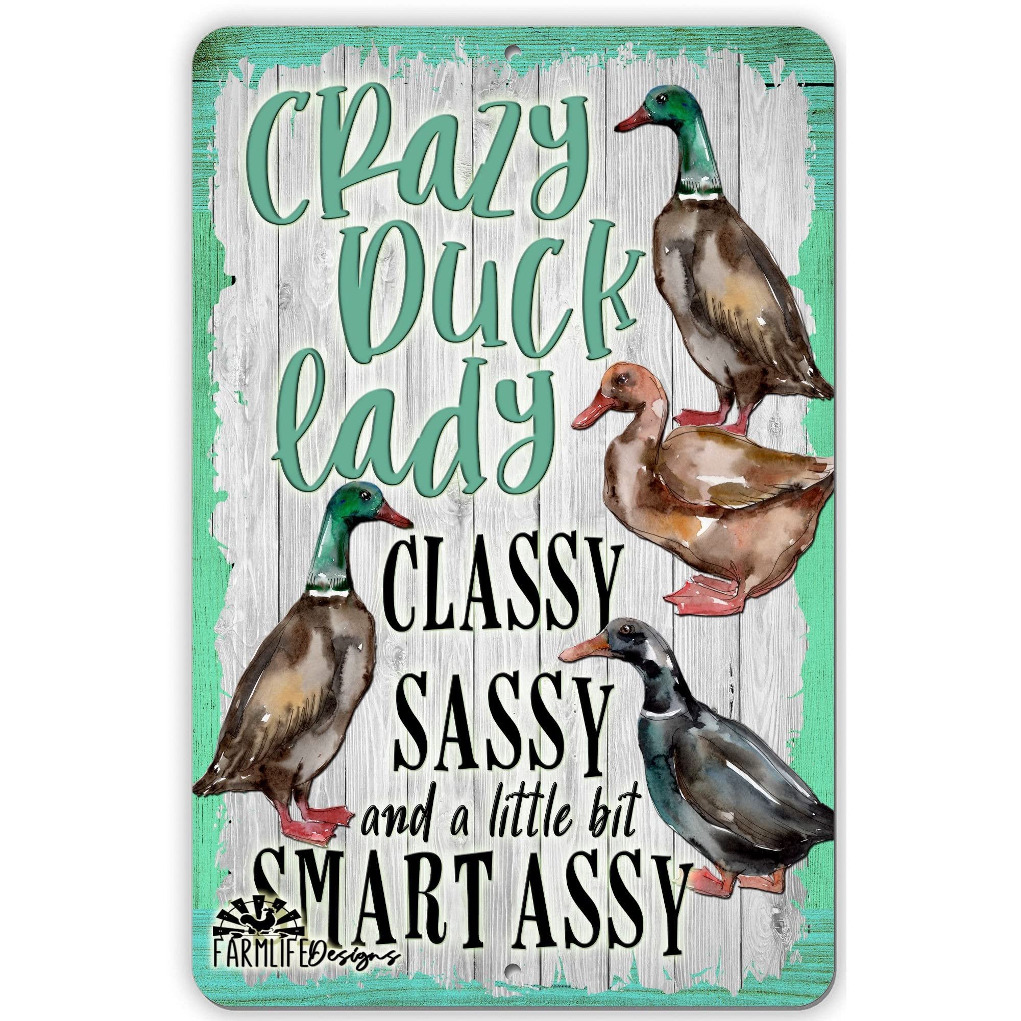 Niekea Vintage Metal Tin Sign CRAZY DUCK LADY - Mallard ducks - classy, sassy, smart assy - sign, duck lover decor, duck lover gift, duck decor Posters tin Sign 12x8 Inch