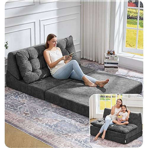 Hobestluk Sofa Couch Folding Sofa Bed Sleeper Comfy Floor Lounger Loveseat Sofa with Removable Cushion Couches Foldable Mattress for Living Room Bedroom or Office (Chenille Grey, Oversize)