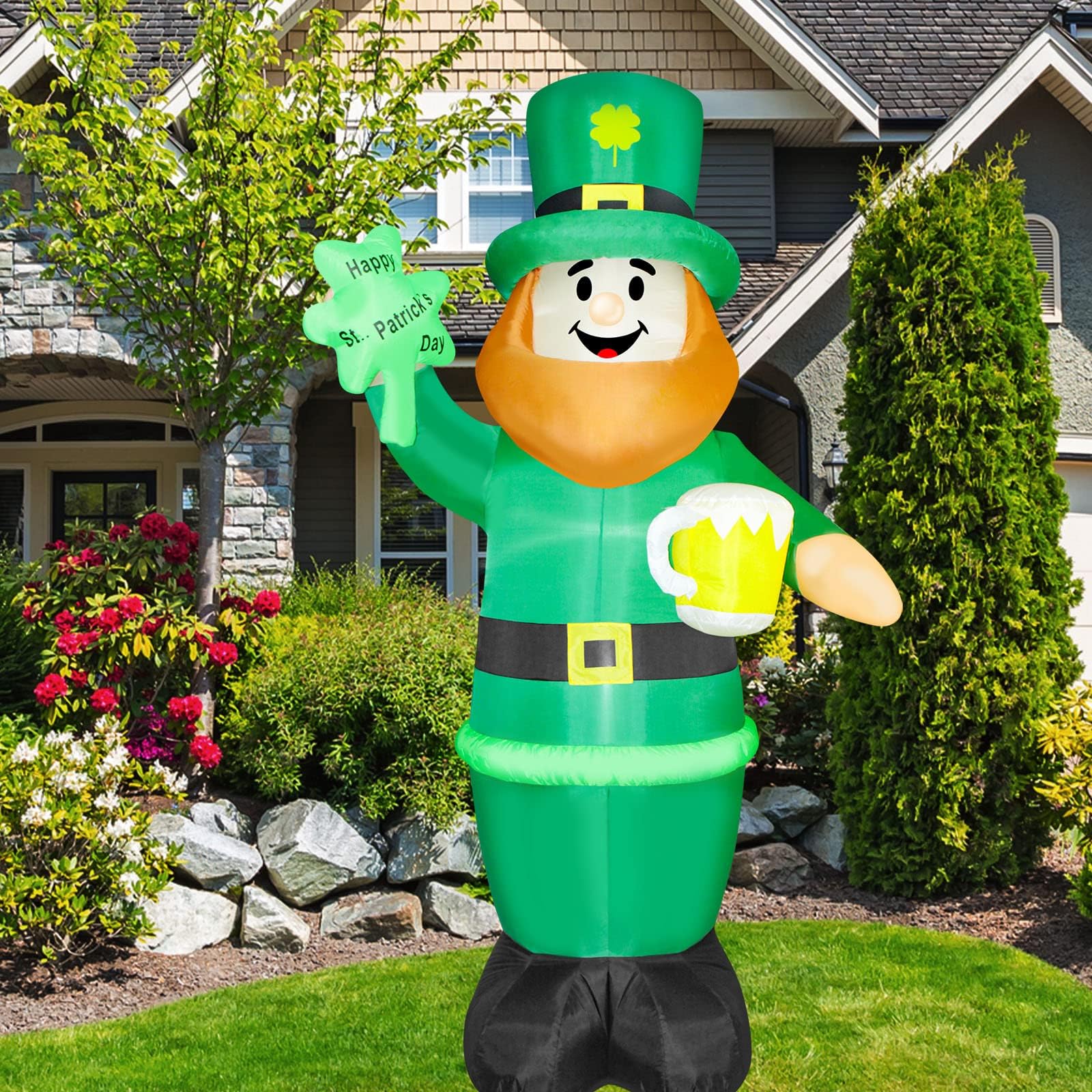 8 Feet St. Patrick's Easter Inflatable Leprechaun Bunny Chick Lighted Blow Up Christmas Yard Decoration with Built in Fan and Anchor Ropes (01-St. Patrick Leprechaun)