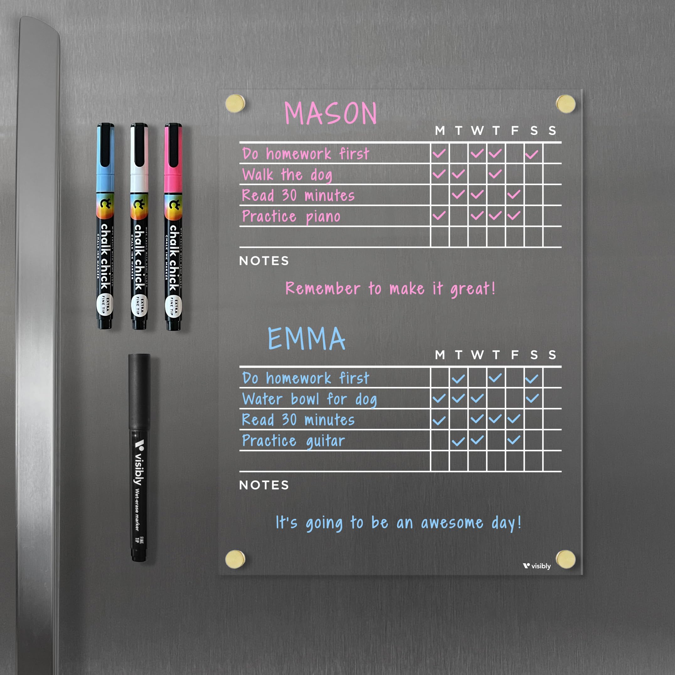 Visibly Magnetic Acrylic Chore Chart for Fridge, Includes 4 magnetic wet-erase markers for Refrigerator, 9" X 12". Put those kids to work!