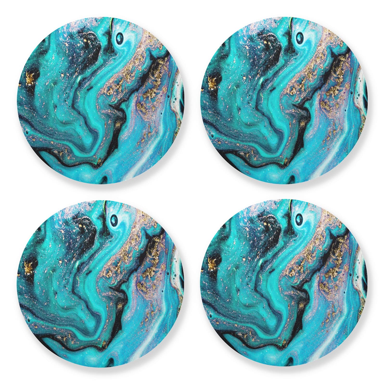 Poeticcity Gold,Turquoise Gold Turquoise Aquamarine Art Ocean, Sea, River Marbling Marble 4 Set Wood Mug Coaster, Cup Mat Pad For Kinds Of Mugs, Oversize Stone Coasters Holder With Cork Base Housewarming Drinks Gifts