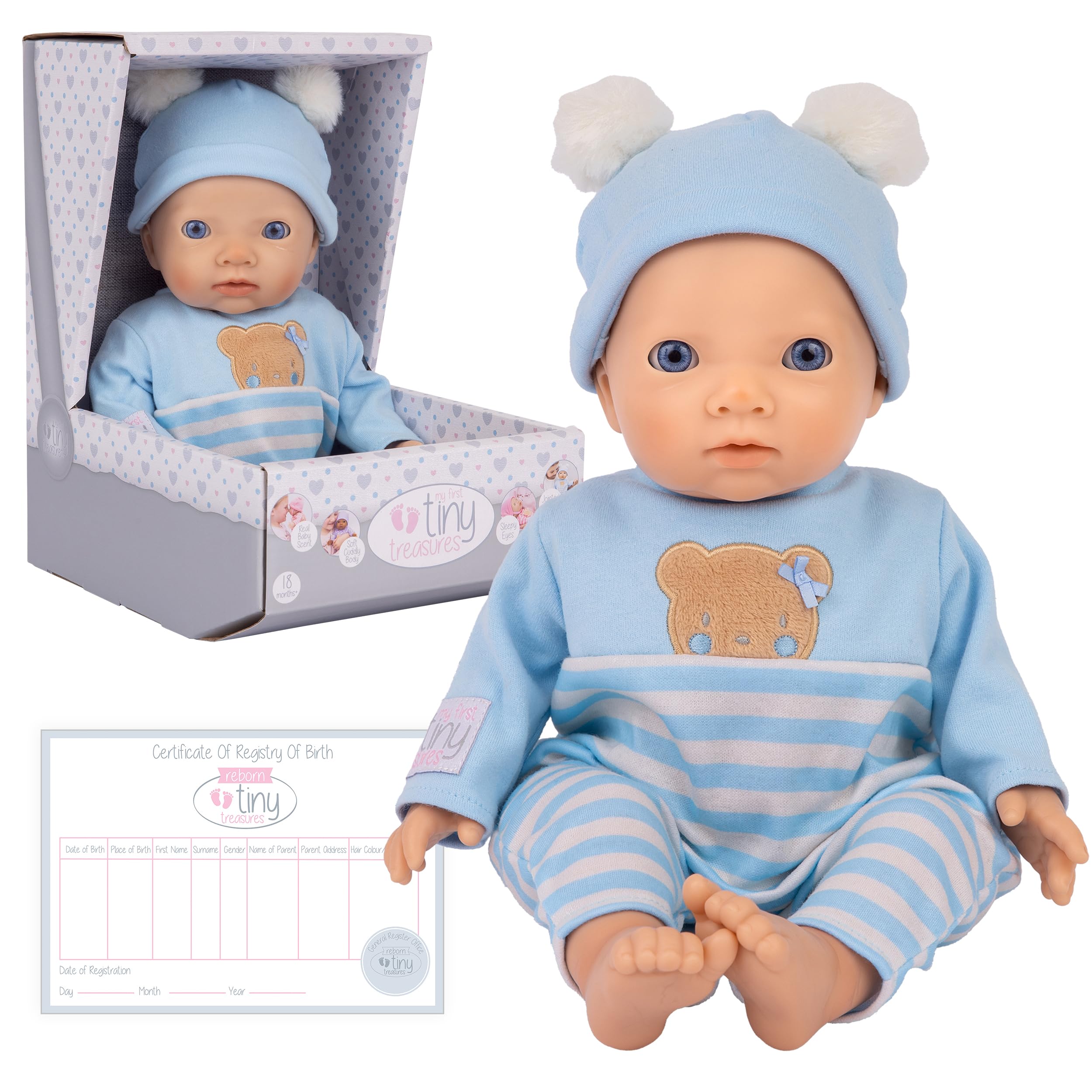 Tiny Treasures My First Blue Baby Doll 36cm - Soft Body Realistic Baby Doll with Closing Eyes, Baby Scent, Birth Certificate & Blue Outfit
