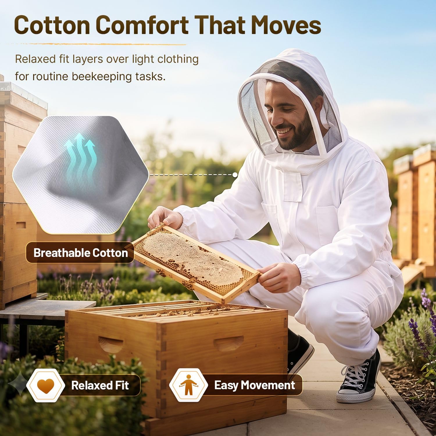 Flexzion Tuta per apicolture, Costume Protettiva Corpo Intero per Apicoltore, Tuta da Lavoro per Donna Uomo, Attrezzatura con Cappuccio, Apicoltura Forniture autoportante Velo Tondo Animali (XXL)