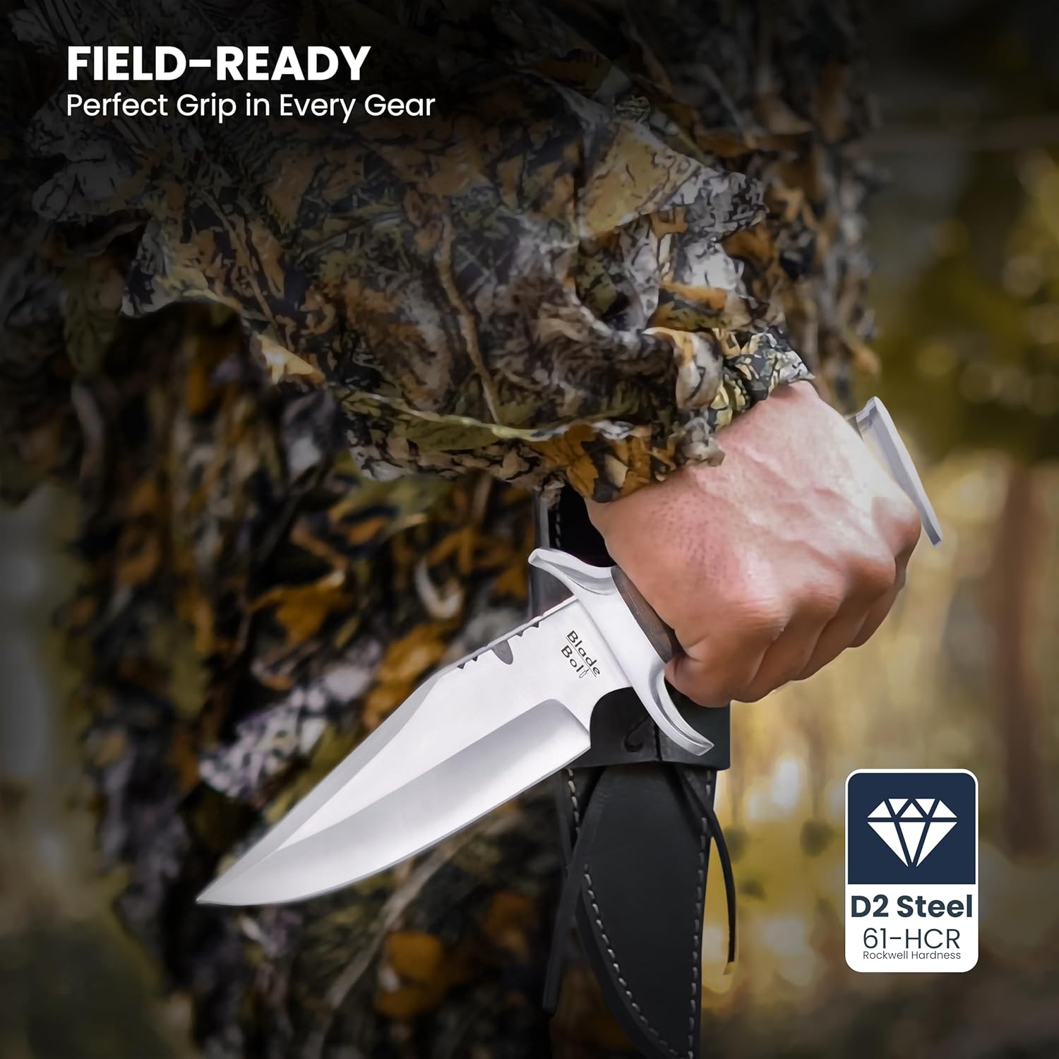 Heritage Hunter B301X Fixed Blade Knife with Sheath – 6.1" Clip Point D2 Steel Blade with Bull-horn Handle, Field Hunting Knife for Men, Ideal for Camping, Survival, Tactical, Outdoor and Gift
