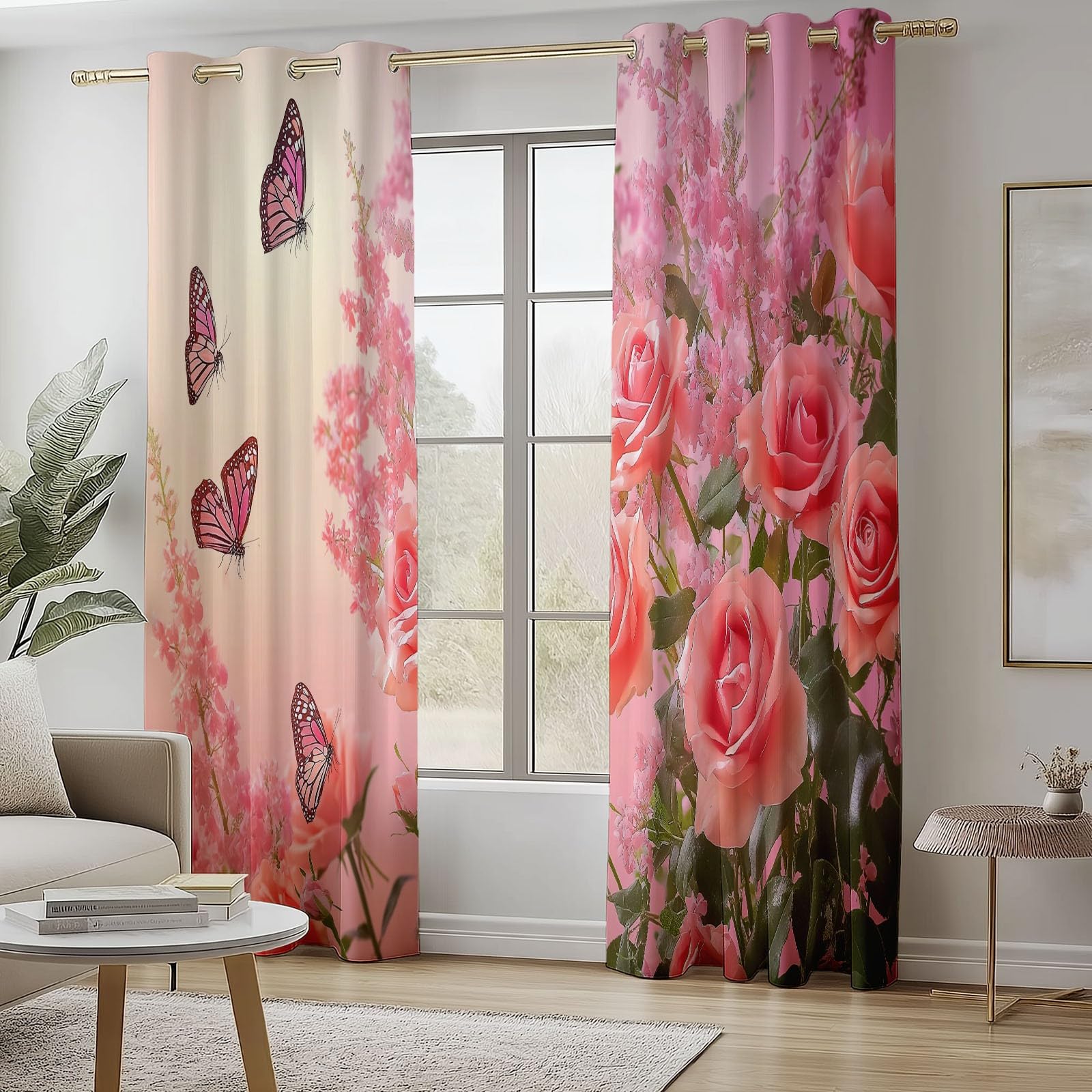 Blackout Curtains Bedroom Natural Style Flowers and Butterflies Pattern, Geo-Thermal Insulated Energy Efficiency Window Treatment Sets Grommet Drapes for Kids Room 52