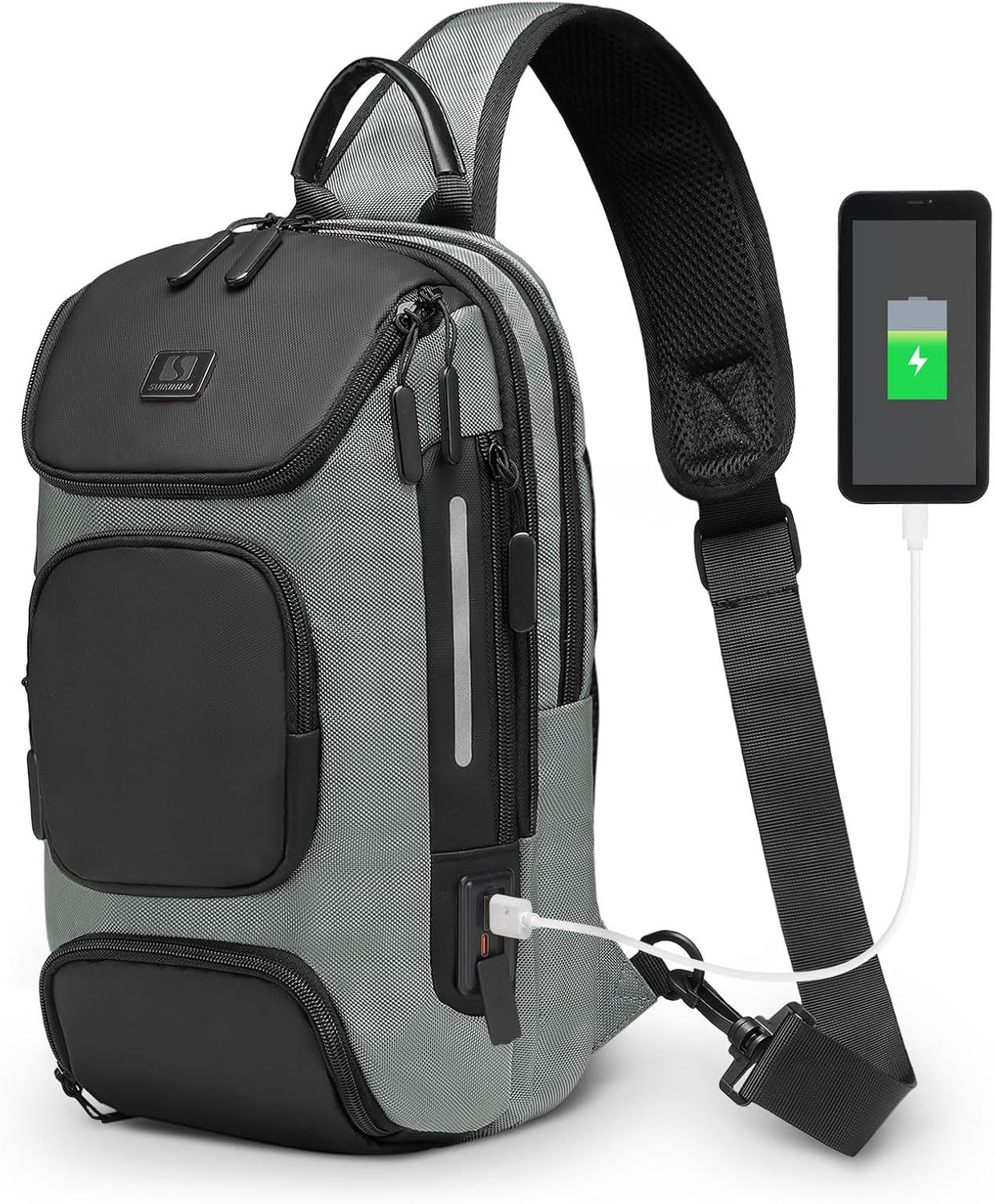 Sling Bag for Men, Anti Theft Mini Backpack with USB Charge Port, Lightweight Convertible Crossbody One Strap Casual Pack (Grey)