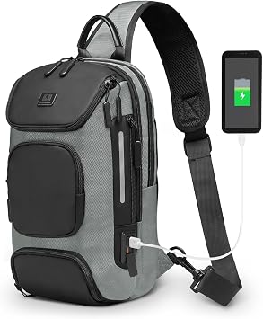 Sling Bag for Men with USB Charge Port 11", Grey | Anti Theft Mini Backpack, Lightweight Convertible Crossbody One Strap Casual Pack