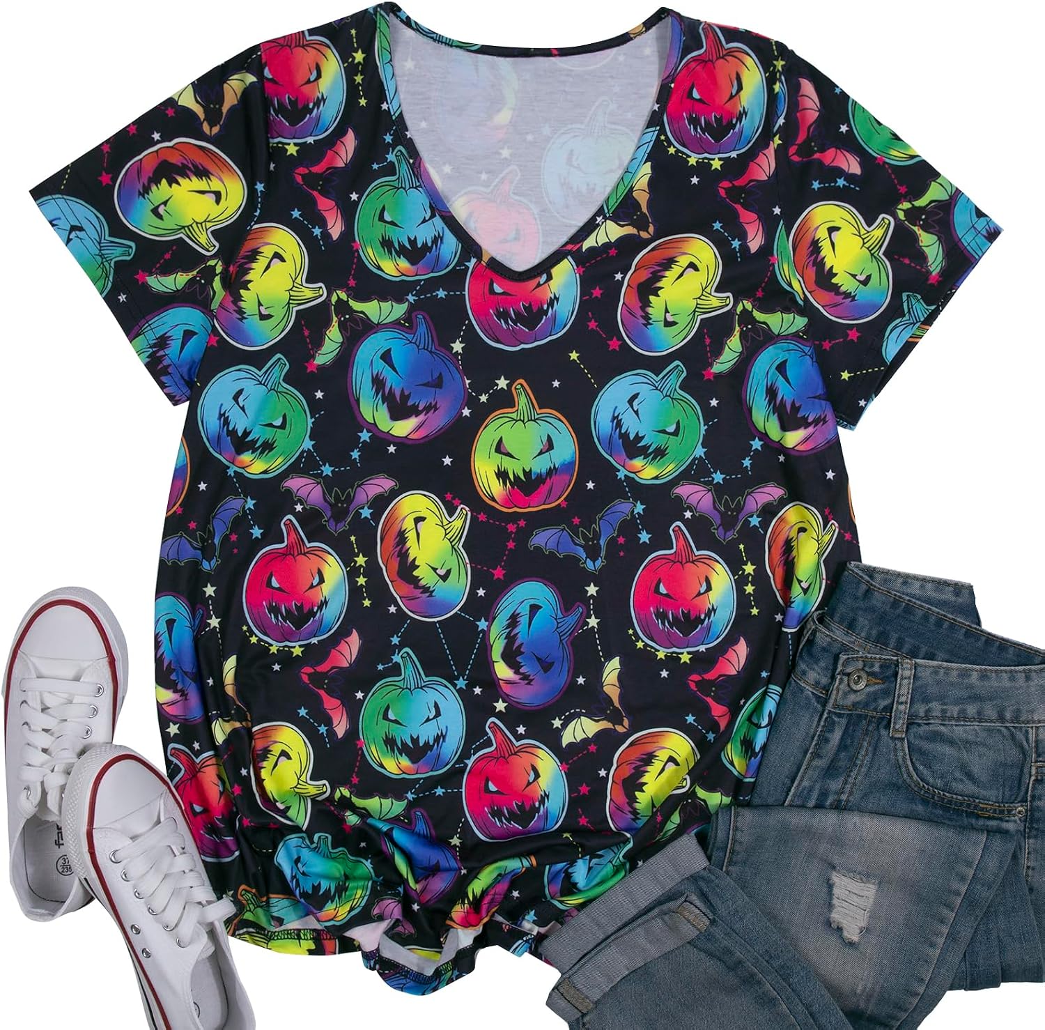 Halloween Shirts for Women Plus Size V Neck Halloween Spooky Season Tops