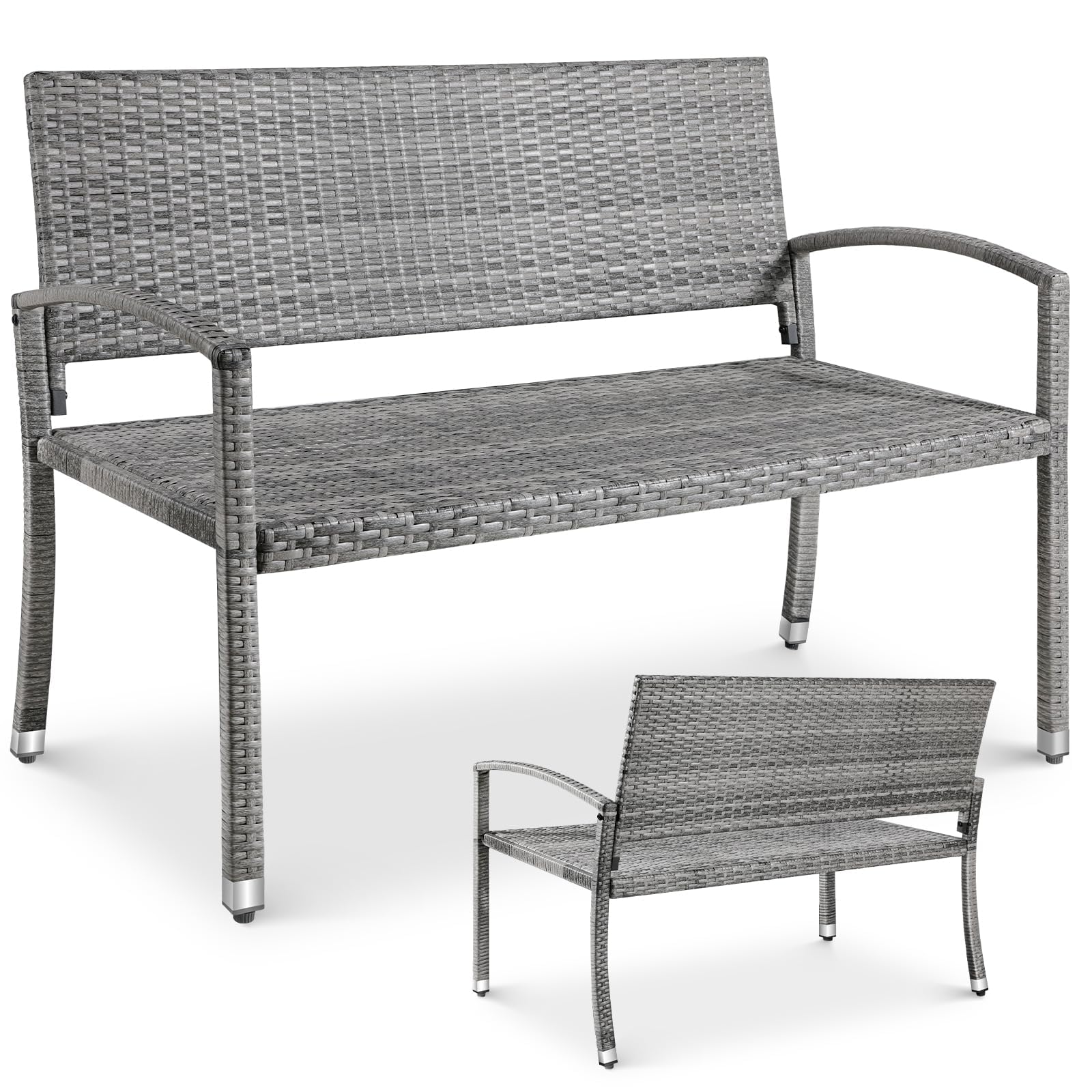 LIFERUN Rattan Garden Bench, 2 Seater Outdoor Wicker Bench with Adjustable Feet, Weatherproof PE Garden Loveseat for Patio, Balcony, Terrace, Park, 320kg Capacity, Double-Sided Rattan