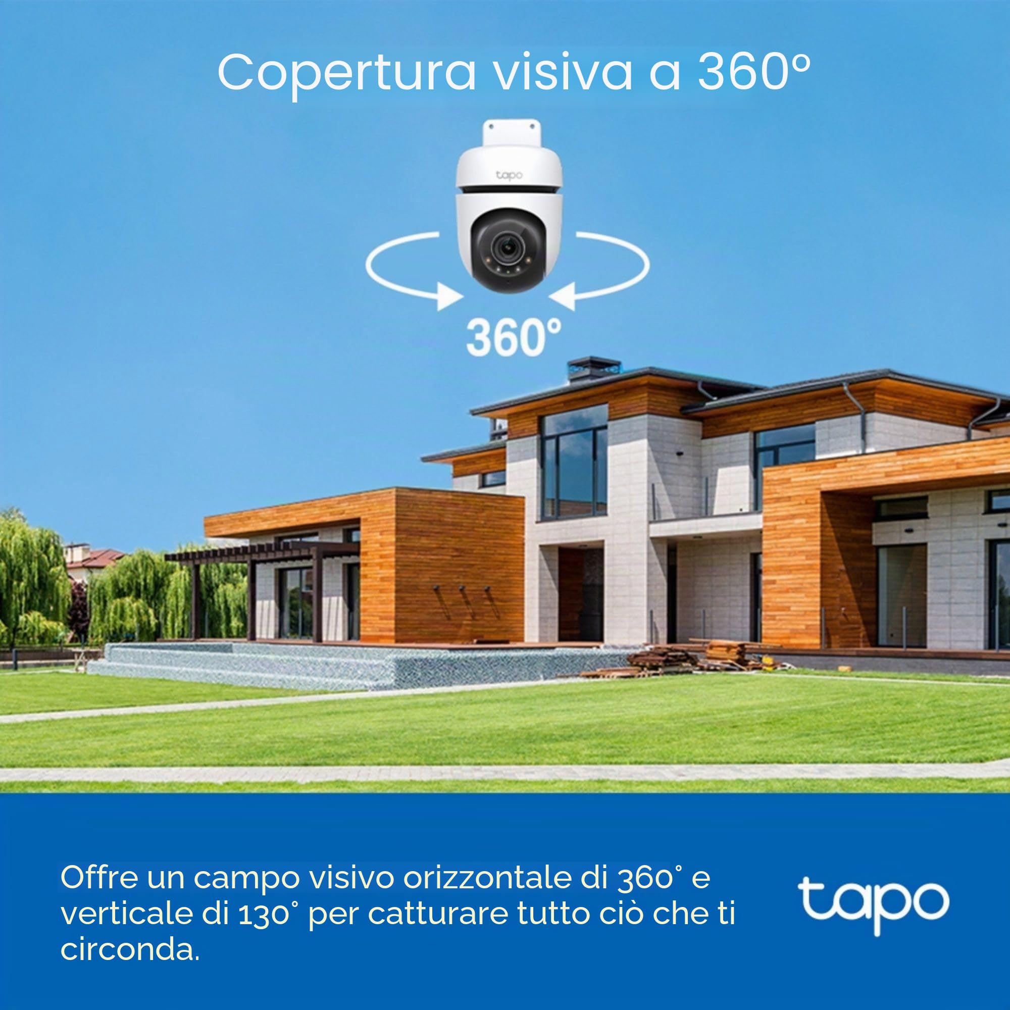 Tapo TC41 Telecamera di Sicurezza Esterna Pan/Tilt 2K, Telecamera WiFi, Rilevamento Intelligente di Persone a 360° con Tracciamento del Movimento, Visione Notturna a Colori Completi, Nessun Canone