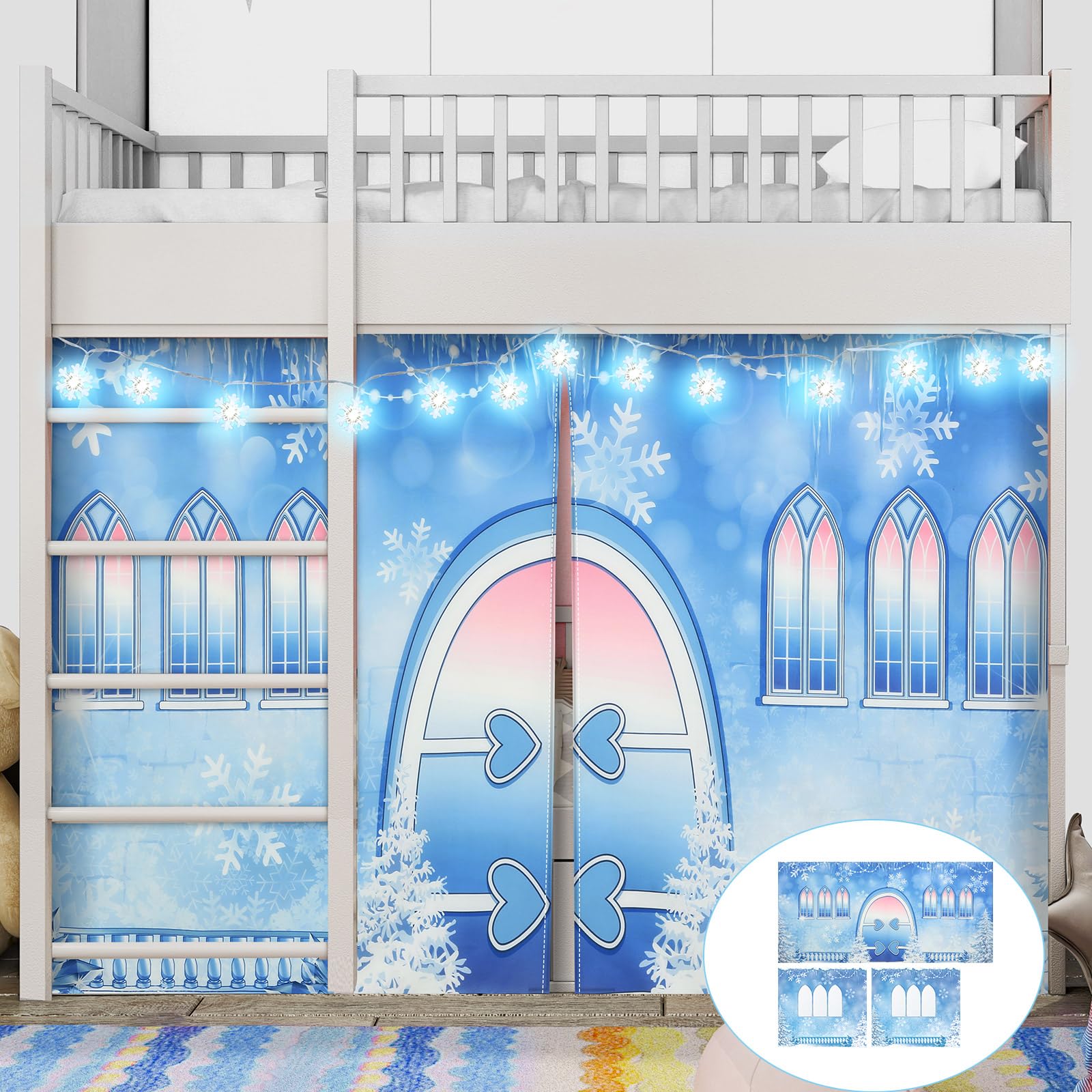 Hahafelt Loft Bed Tent Curtain Set for Low Twin,Bunk Bed Curtains Princess Play Tent with Enchanting Snowflake Lights Winter Party Decoration for Indoor & Outdoor Play