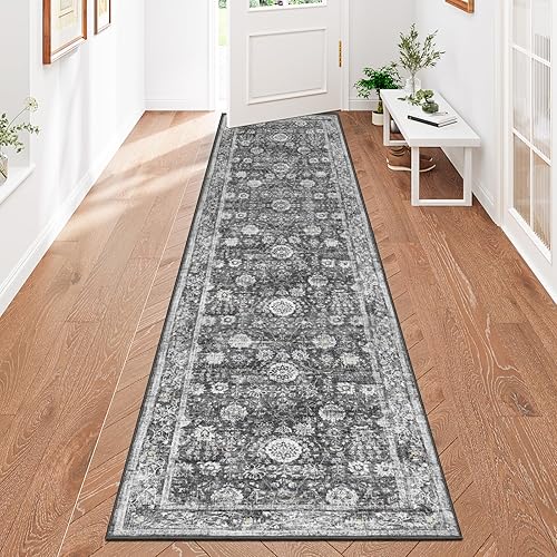 Capslpad 2x8 Boho Hallway Runner, Dark Grey Vintage Ultra Soft Fabric Washable R