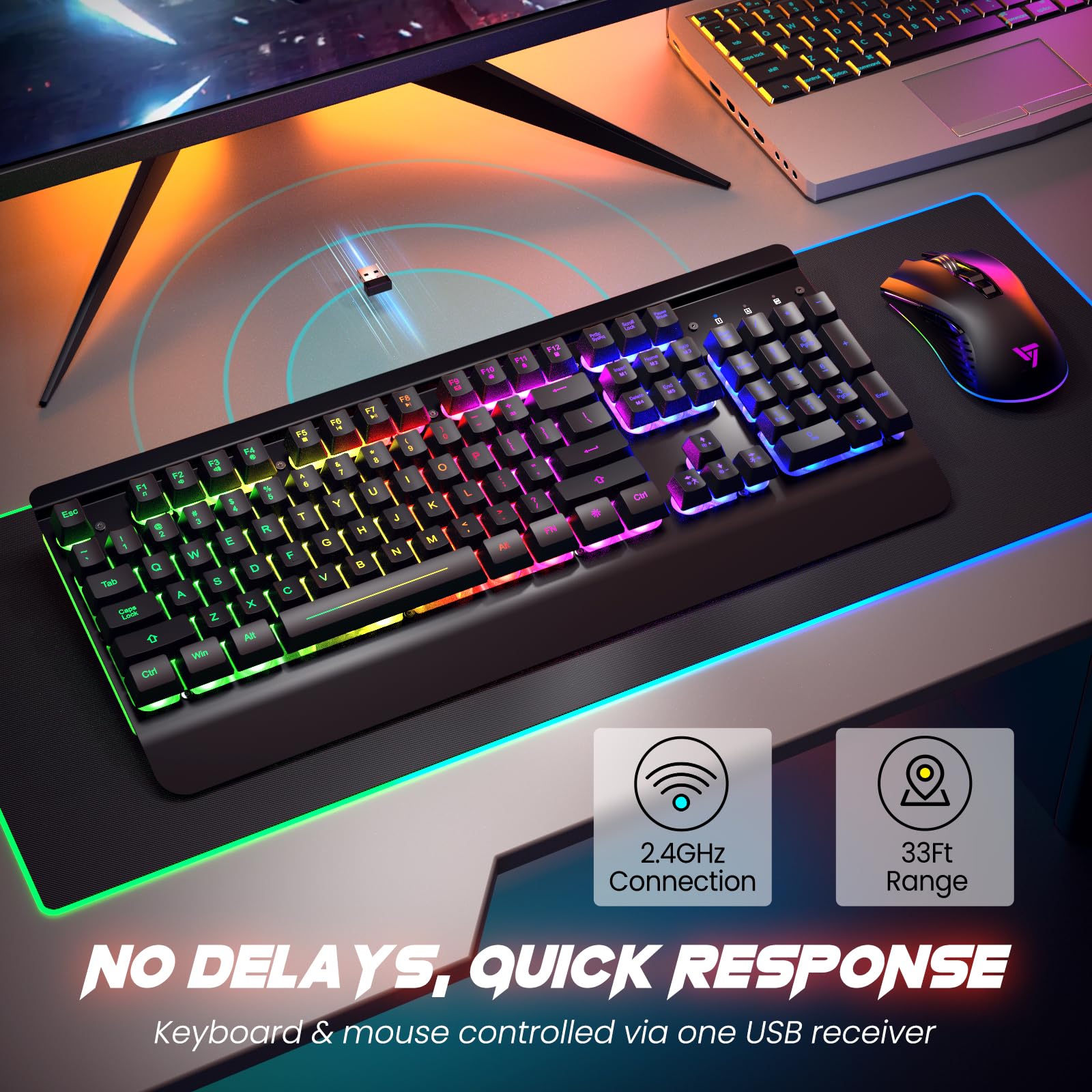 RisoPhy Tastiera e mouse wireless da gioco, pannello in metallo, retroilluminazione a 7 colori, batteria ricaricabile da 3200 mAh, poggiapolsi, modalità sleep, tastiera illuminata + mouse da gioco 7D