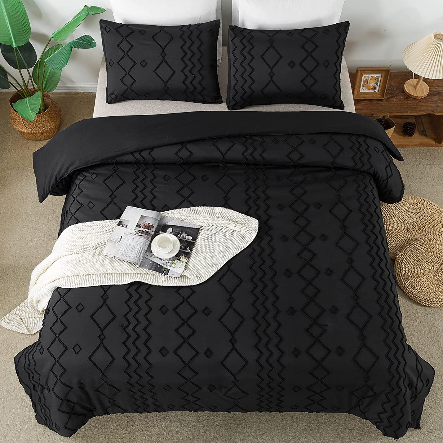 Andency Black Tufted Comforter Set Full(79x90Inch), 3 Pieces(1 Tufts Comforter, 2 Pillowcases) Boho Textured Farmhouse Bed Set, Down Alternative