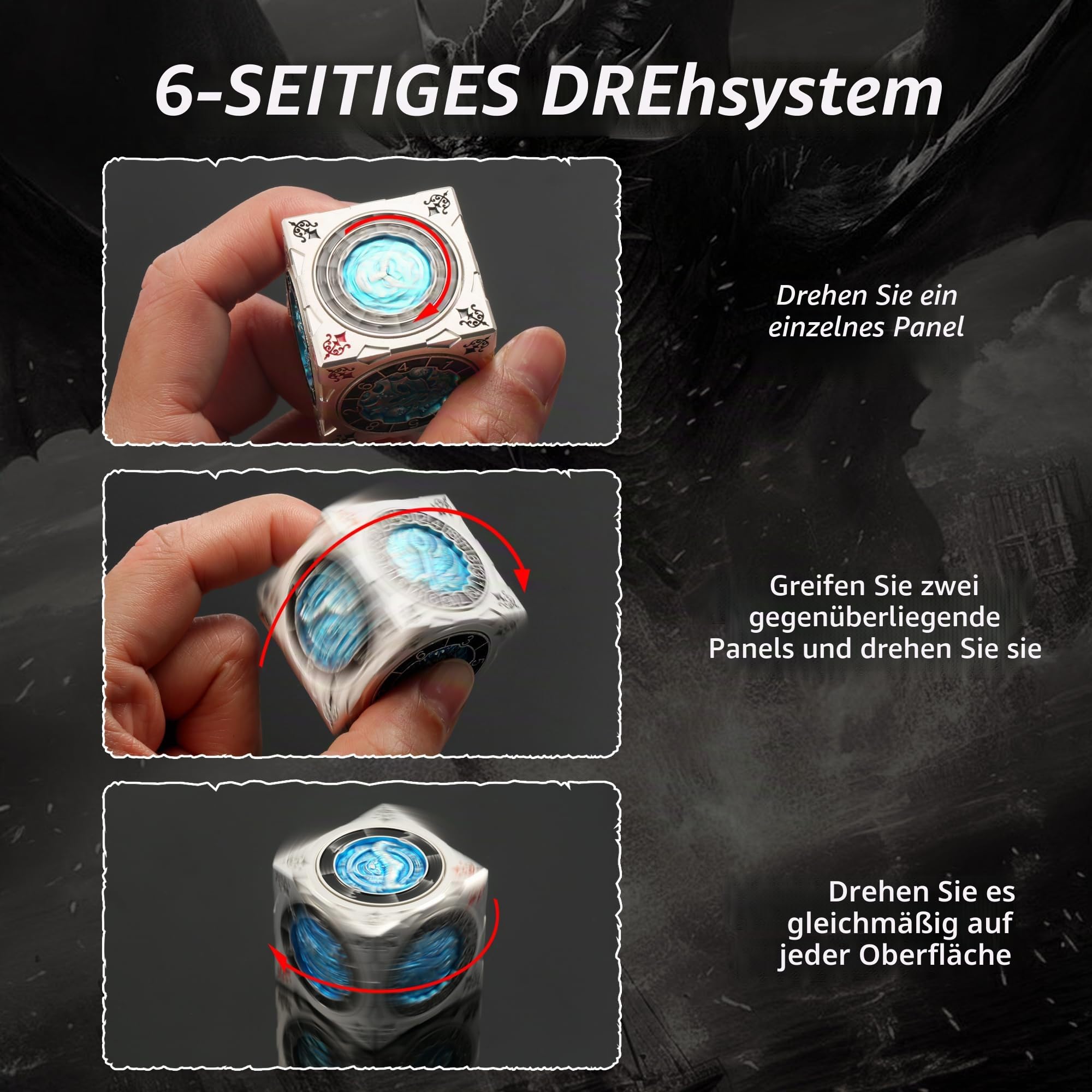 DNDND 7-in-1 Spinner Würfel mit Geschenkbox - Goristro und Couatl Themed D&D Collector's Set für TTRPG, für Dungeon Masters und Spieler (Silber & Blau)