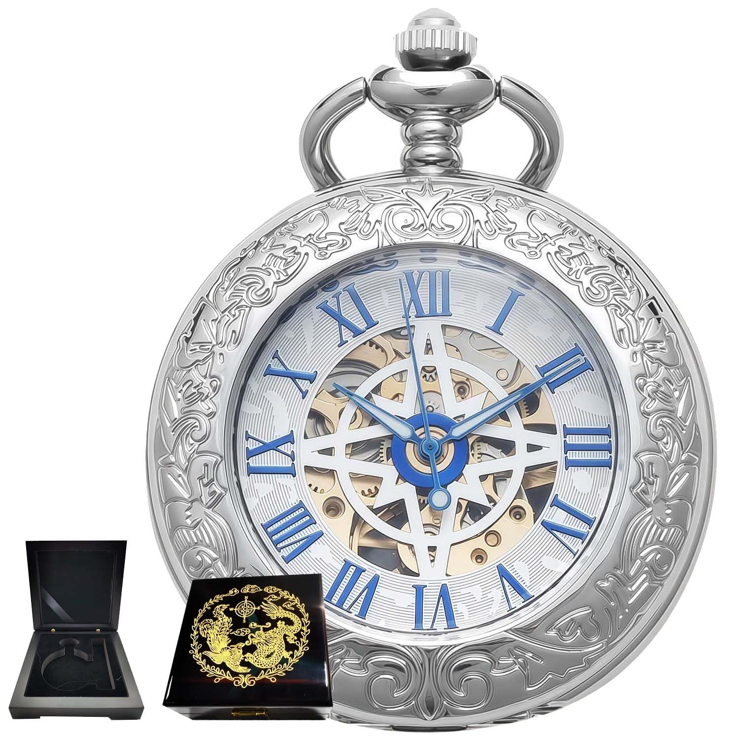 Orologio da tasca meccanico, per uomo e donna, con lente d'ingrandimento speciale, cassa incisa, numeri romani con catena