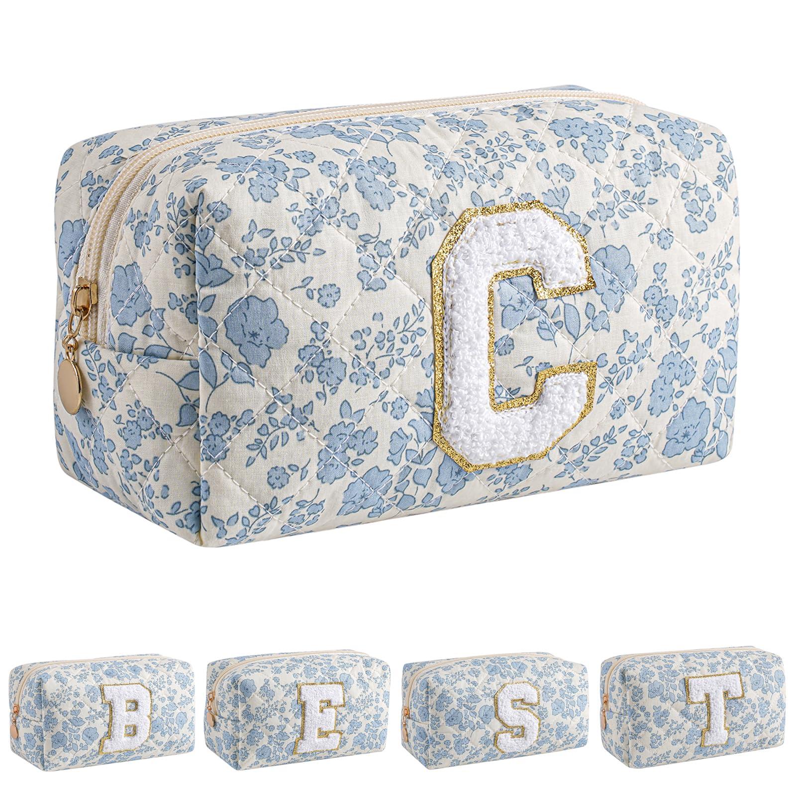 JOVAKIT Alphabet Makeup Bag Cosmetic Bag for Women, Christmas Gifts for Girls Age 6-18, Floral Flowers Coquette Travel Toiletry Zipper Make Up Pouch