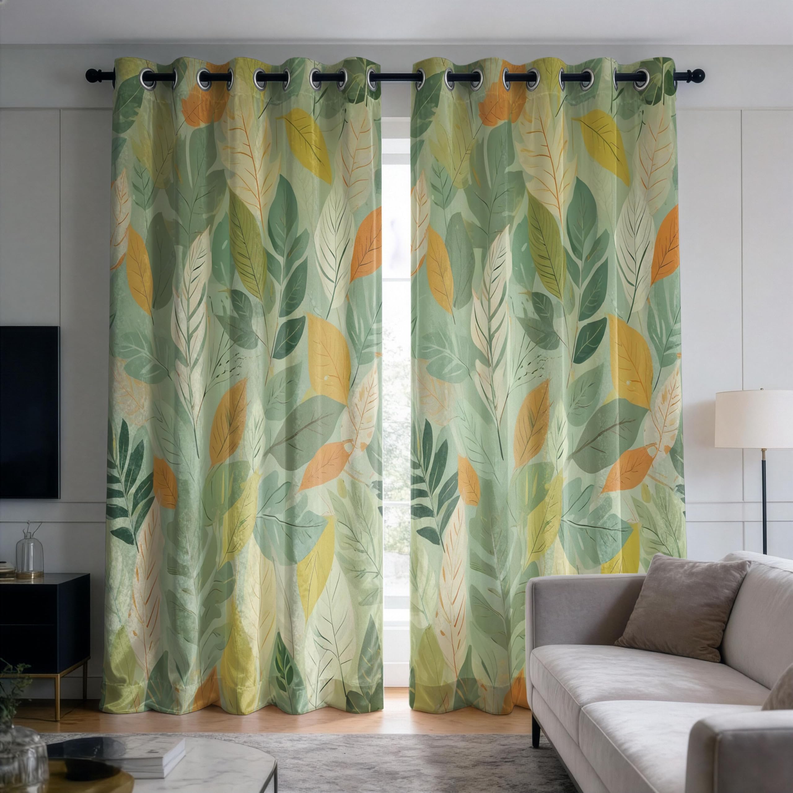 IKDZCM Leaf Print Blackout Curtains for Bedroom, Botanical Modern Leave Drapes, Green Nature Curtains for Living Room(WxH/2x140x180cm)