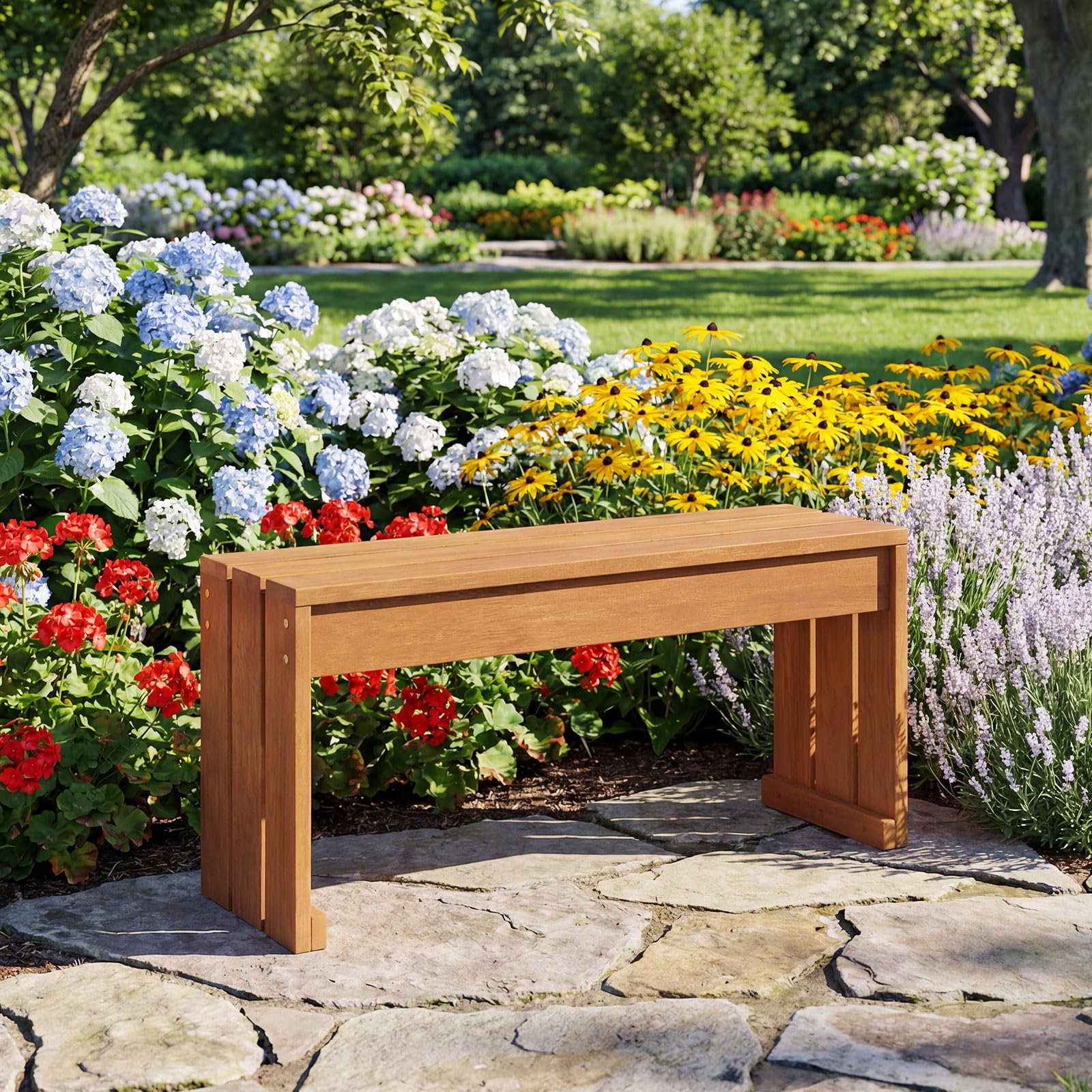 COSTWAY Gartenbank ohne Lehne, Sitzbank Holz Wetterfest, Holzbank, Balkonbank aus Hartholz, Blumenbnk für Garten, Balkon, Terrasse, 90 x 30 x 44 cm