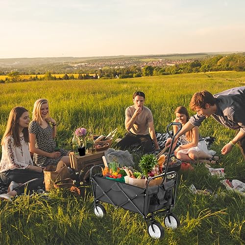 Miniatura 7 de Arlopu Carro plegable plegable, carro de jardín utilitario para parque al aire libre con 2 soportes para tazas, carrito de picnic portátil