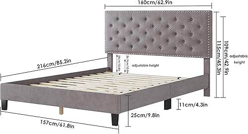 Miniatura 2 de Marco de cama Queen con plataforma tapizada y cabecera ajustable base de colchón con botones con soporte de listones de madera resistente no