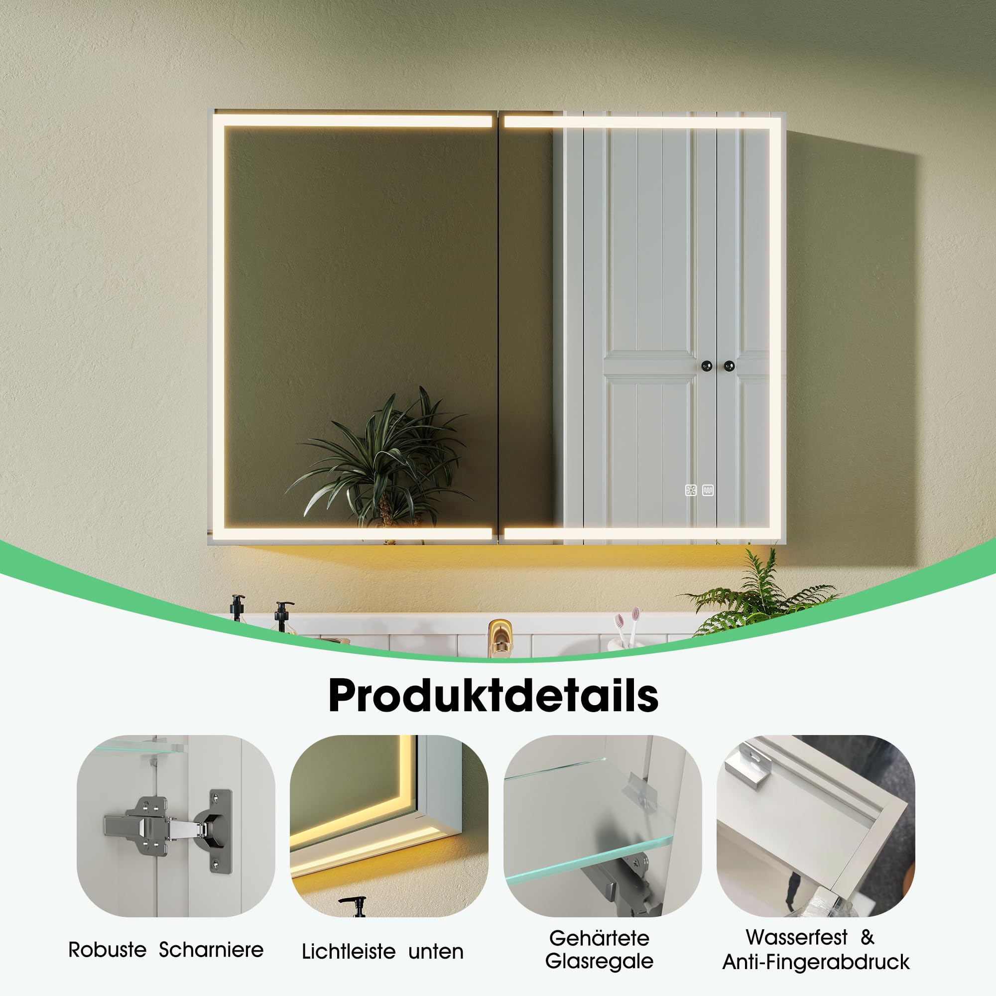 S'bagno Spiegelschrank Bad Mit Beleuchtung 60x80cm, Badezimmer Spiegelschrank, Aluminium Alibertschrank Bad, Entfoggen, 3 Farben, Dimmbar, Speicherfunktion, HD Gehärtetes Glas, IP44, Weiß