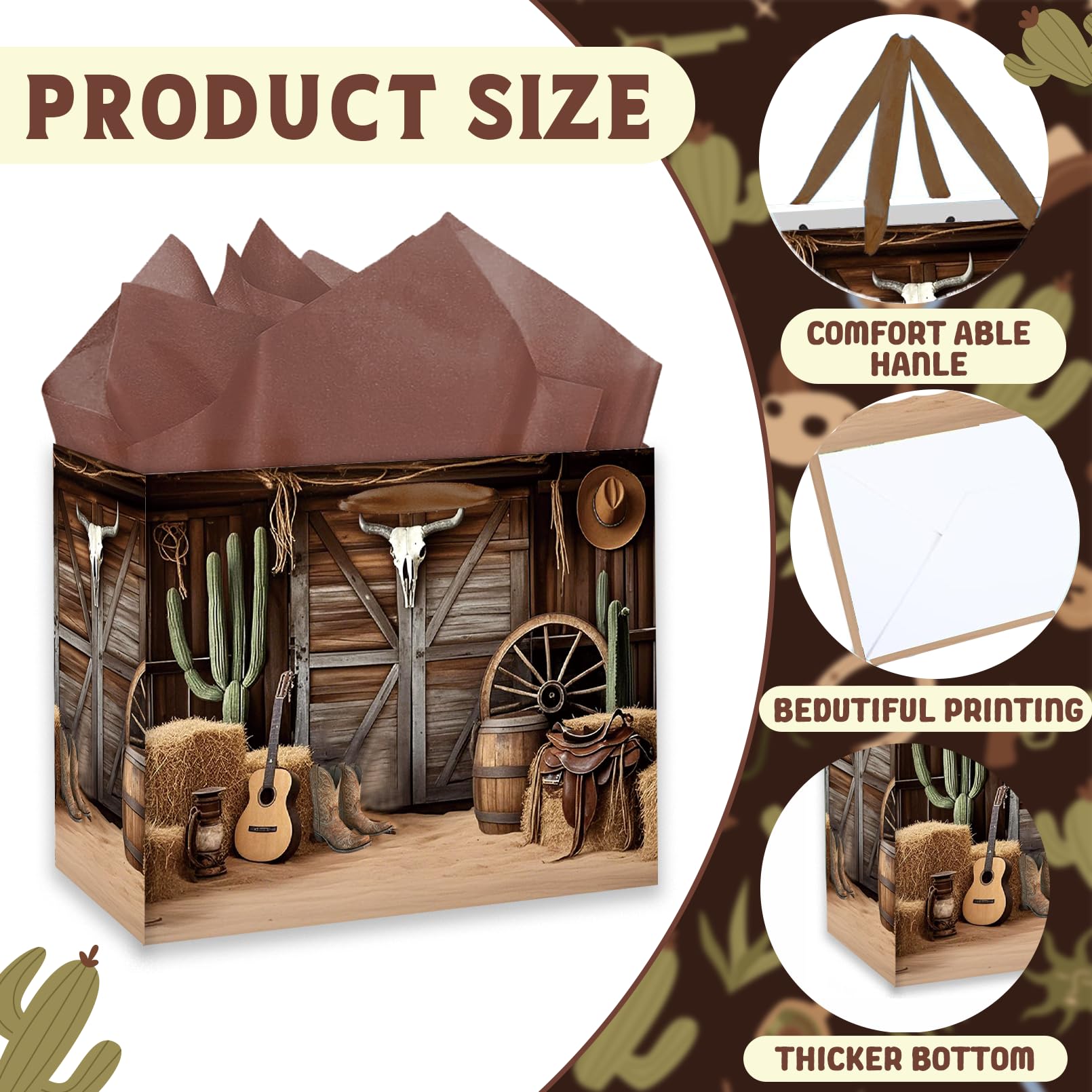 SUNDECO Cowboy Gift Bags - Wild West Party Favors with Tissue Paper & Greeting Cards for Birthday, Rodeo, Baby Shower - Western Theme Party Supplies for Kids, Cowboy Decorations