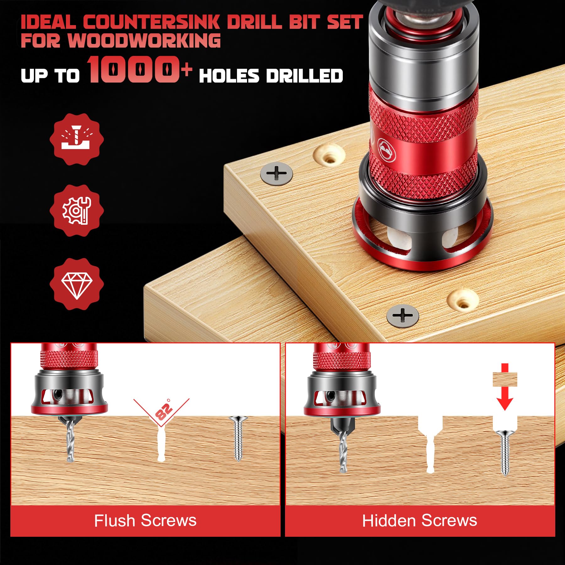 Upgraded Senkbohrer Holz Set, Schnelle Tiefeneinstellung, 5-tlg TCT-Schneiden & HSS-M2 Senker mit 1/4" Hex Schaft, L-Schlüssel, Bohrsenker mit Tiefenanschlag, ideal für Holzbearbeitung