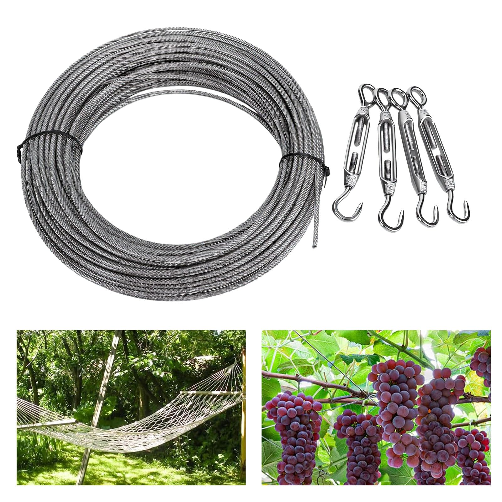 64-teiliges Edelstahl-Drahtseil-Set, 35 M, Zur Pflanzenunterstützung | PVC-beschichtetes Stahlkabel, 3 Mm (0,12 Zoll) Durchmesser, Spannschlösser-Clips Im Lieferumfang Enthalten, Lichterkette