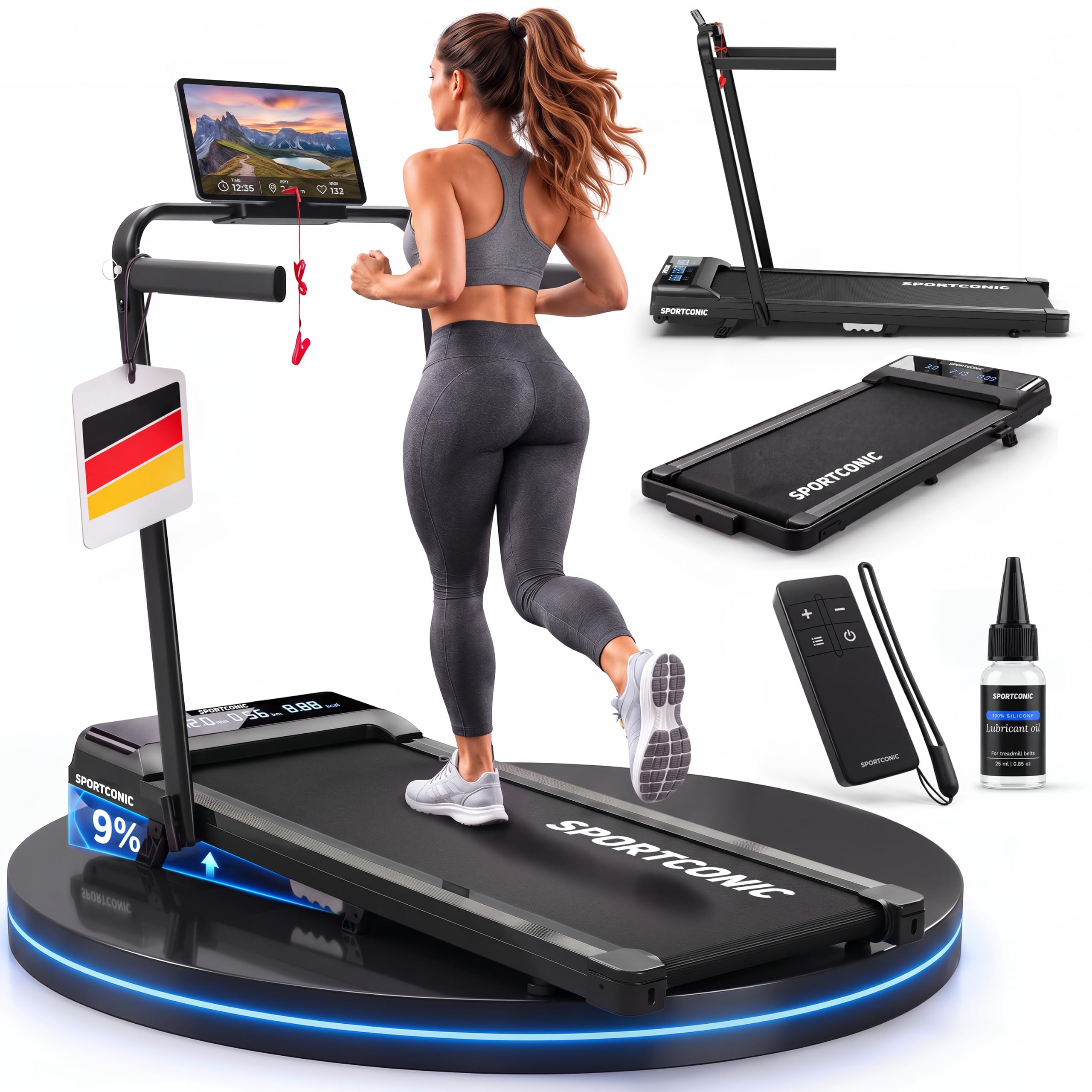 Sportconic Laufband 1–12 km/h – klappbar & elektrisch für Zuhause – leise Nutzung unter dem Schreibtisch – Walking Pad mit Steigung, Tablet-Halterung