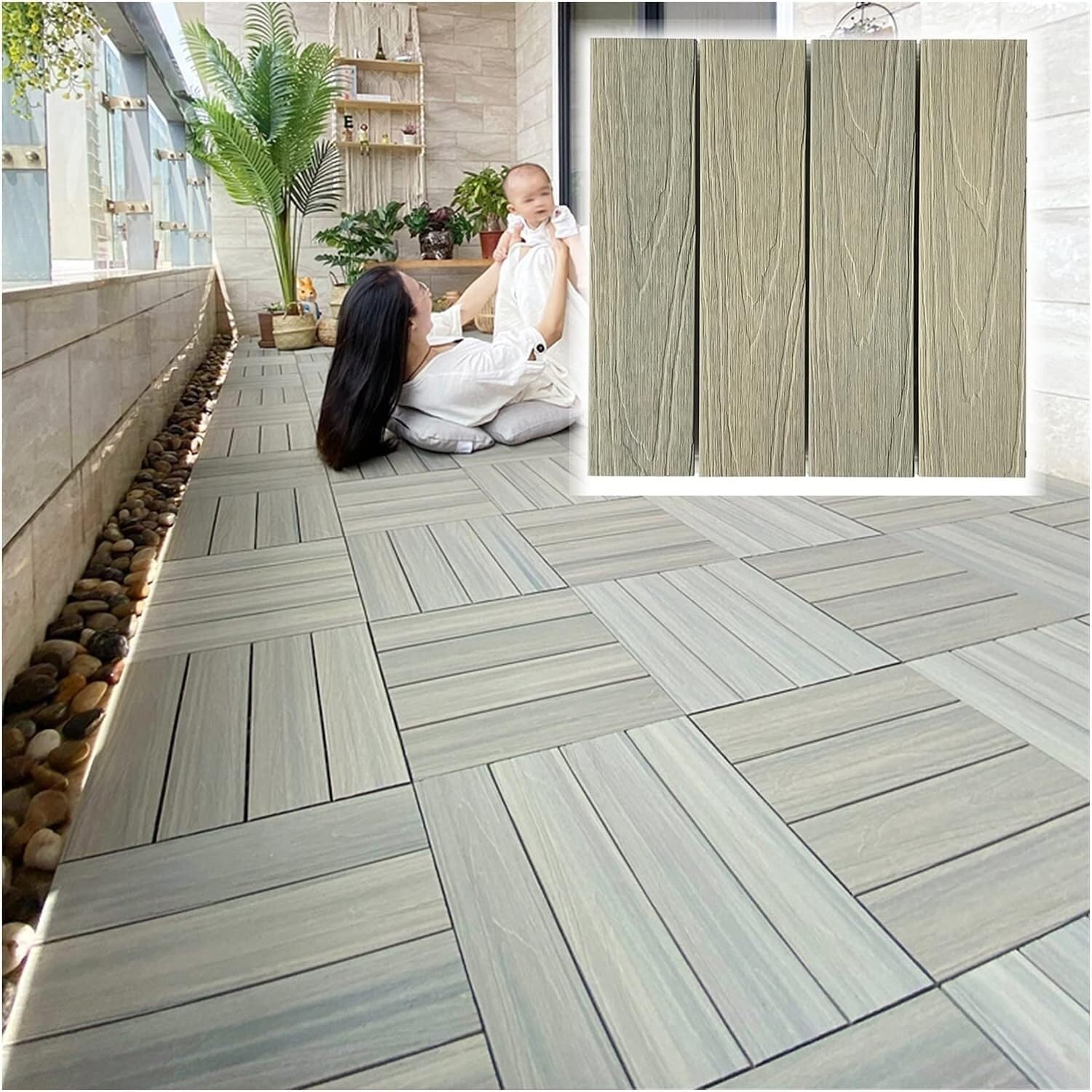 Hpthly Natural Shower Bath Mat Wood-Plastic Composite Patio Diy Deck Tiles Interlocking Balcony Floor Pedal,-20Pcs