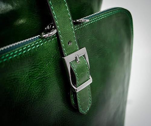 Miniatura 8 de Time Resistance Mochila de cuero convertible a bolsa de hombro, hecha a mano para portátiles de hasta 12 pulgadas, Verde, Moda lenta
