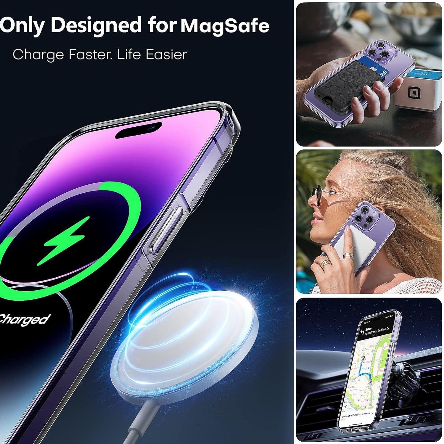 TAURI 3 in 1 Kit Magnetica Cover per iPhone 14 Pro Max [Compatibile con MagSafe] con 2 Pellicola in Vetro Temperato,Custodia Rigida per Sottile Anti-Ingiallimento-Trasparente