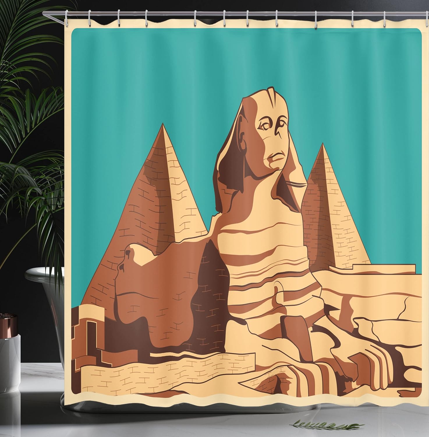 Ambesonne Egyptian Print Shower Curtain, Vintage Poster of Sphinx and Pyramids in Giza Famous Monument Cairo, Cloth Fabric Bathroom Decor Set with Hooks, 69" W x 70" L, Brown Teal