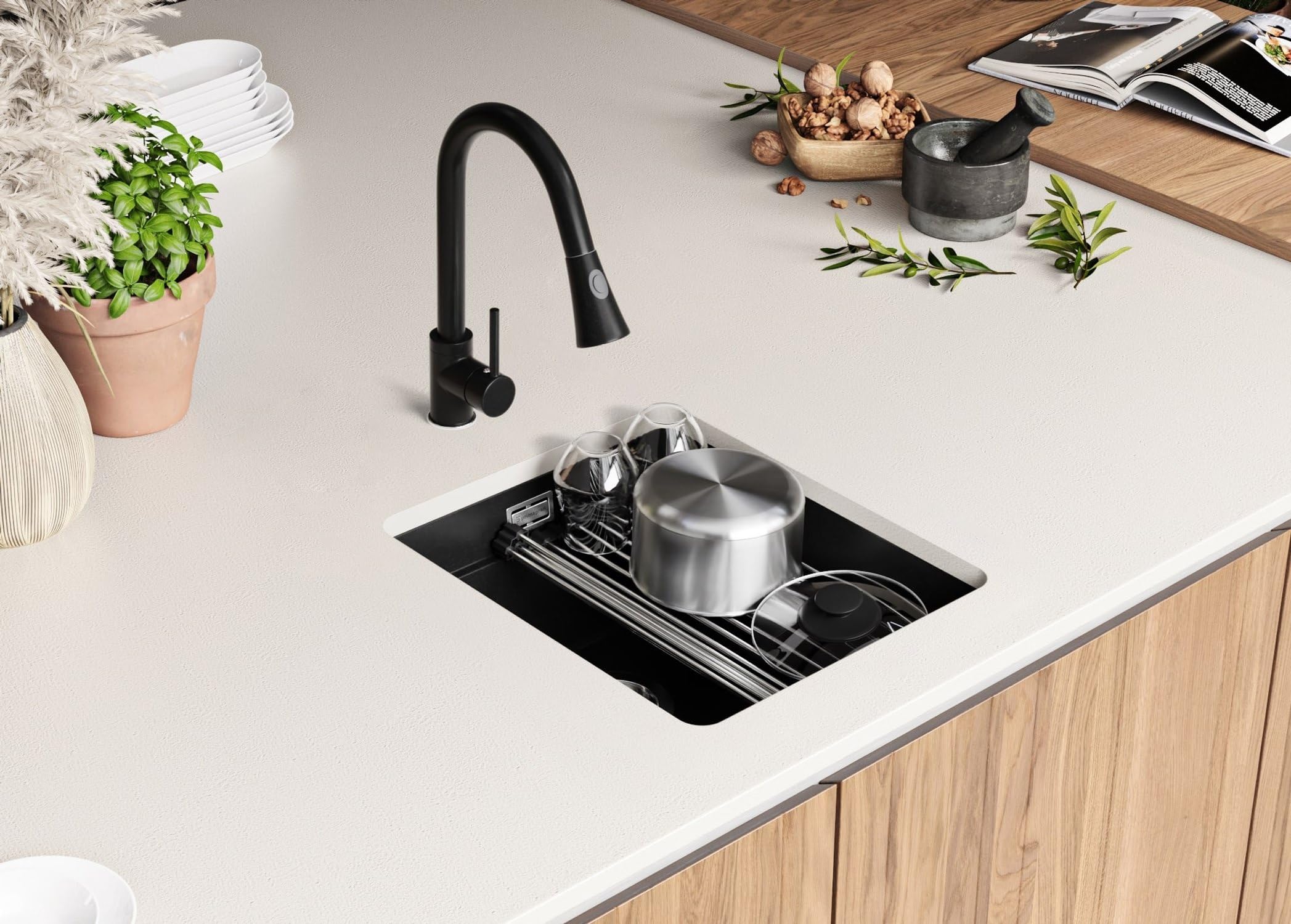 PRIMAGRAN Fregadero bajo Encimera Todo Negro 41x47cm, Cocina 1 Seno + Sifón + Enrollable Escurridor, Granito al Mueble 45cm - Prague Level S137